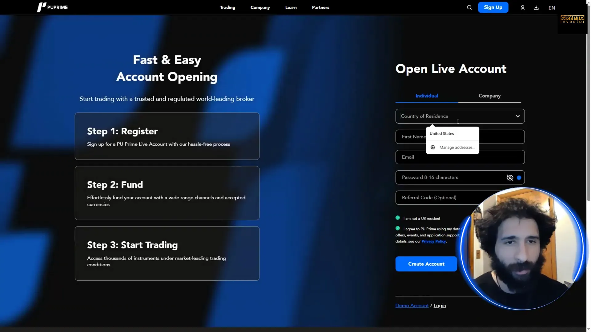 Signing up on PU Prime