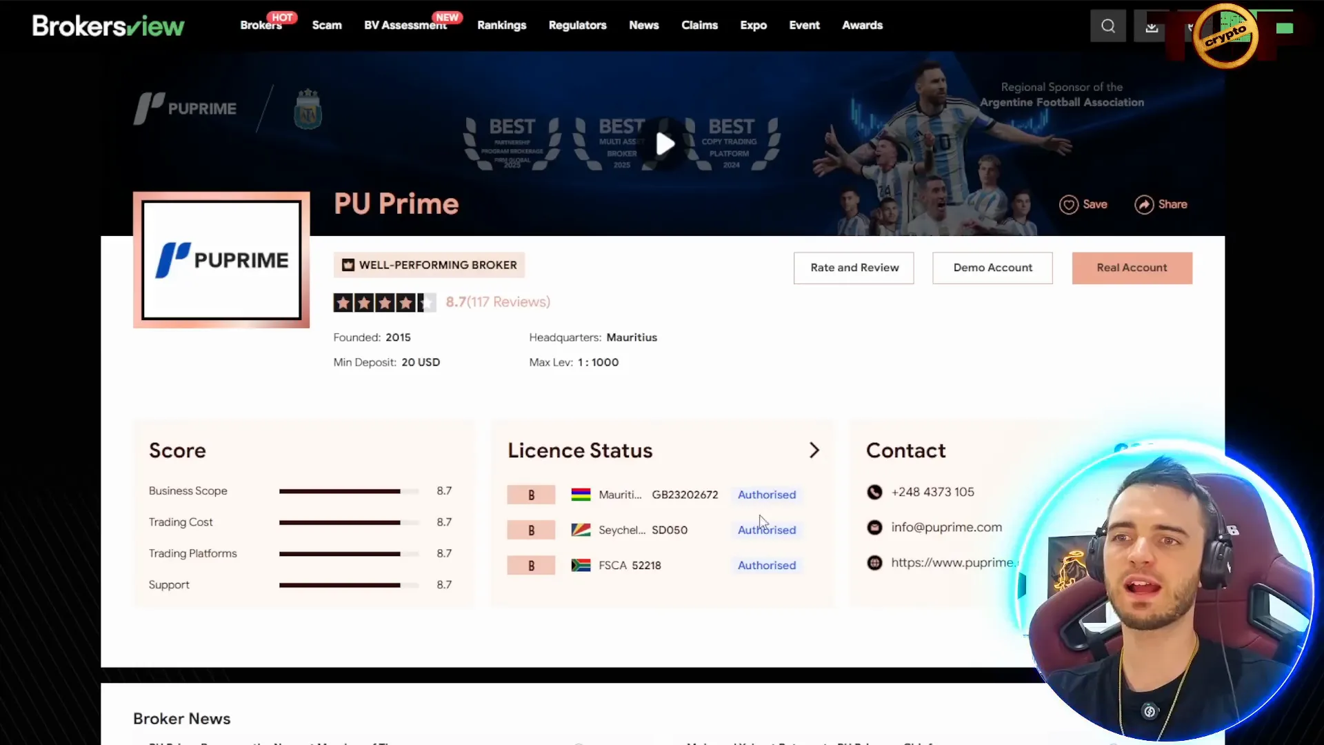 PU Prime rating and ASIC license on BrokersView site