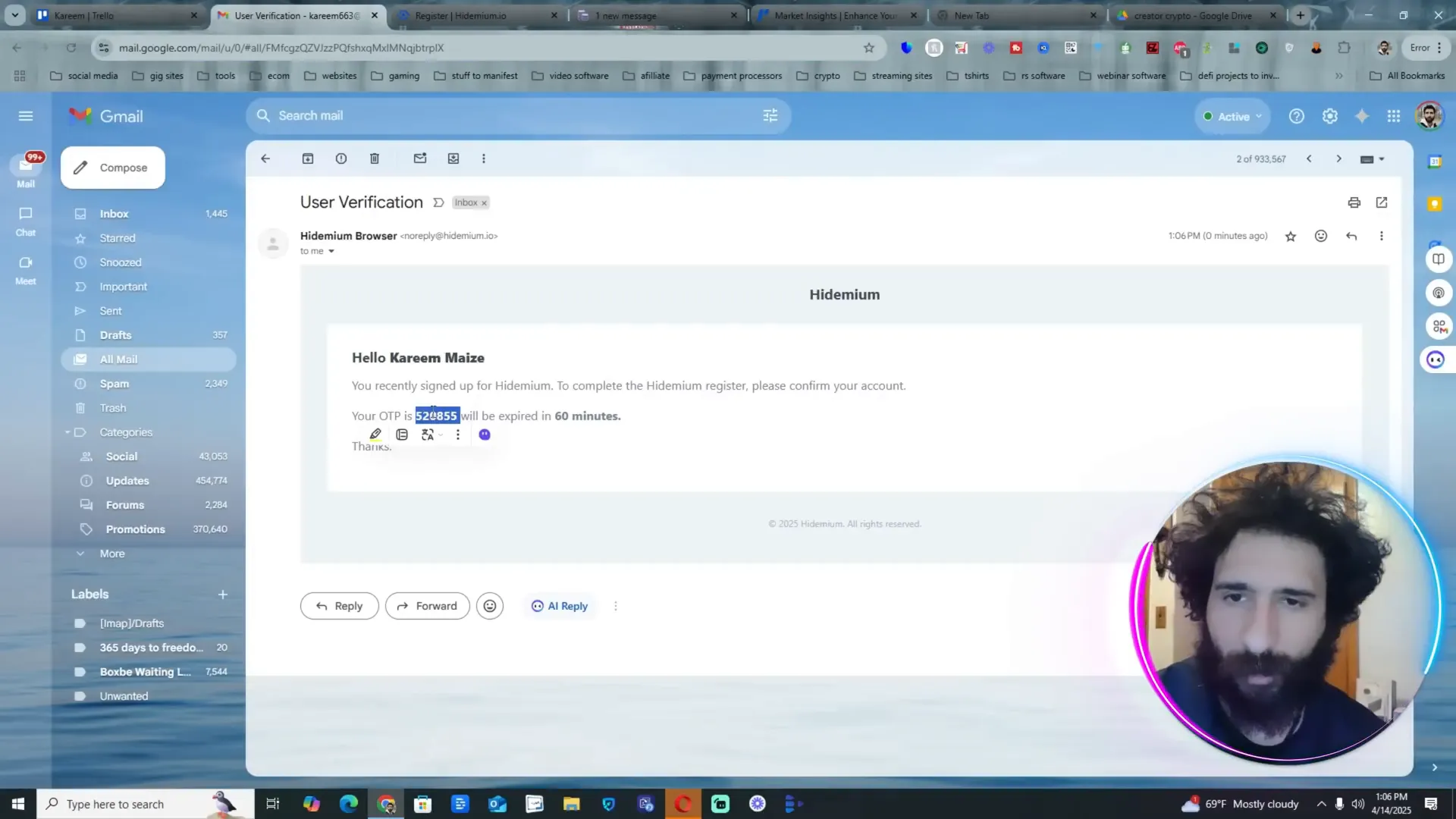 Hidemium account registration and email verification