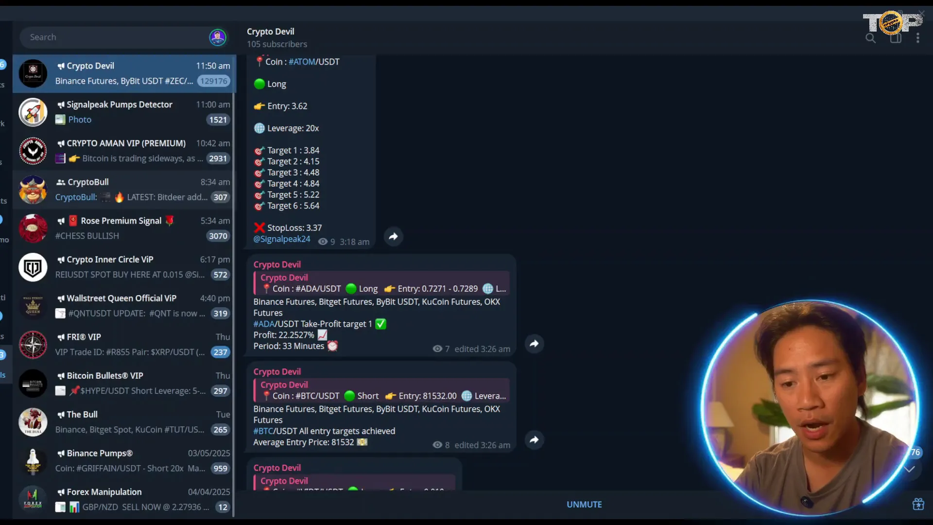Dashboard showing selected SignalPeak channels with trading signals