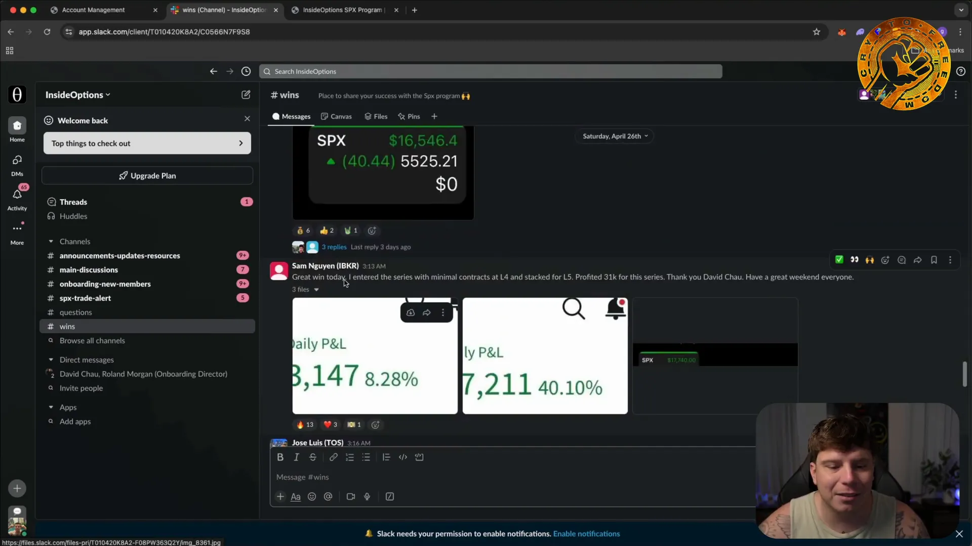 InsideOptions Slack community win section showing trader profits