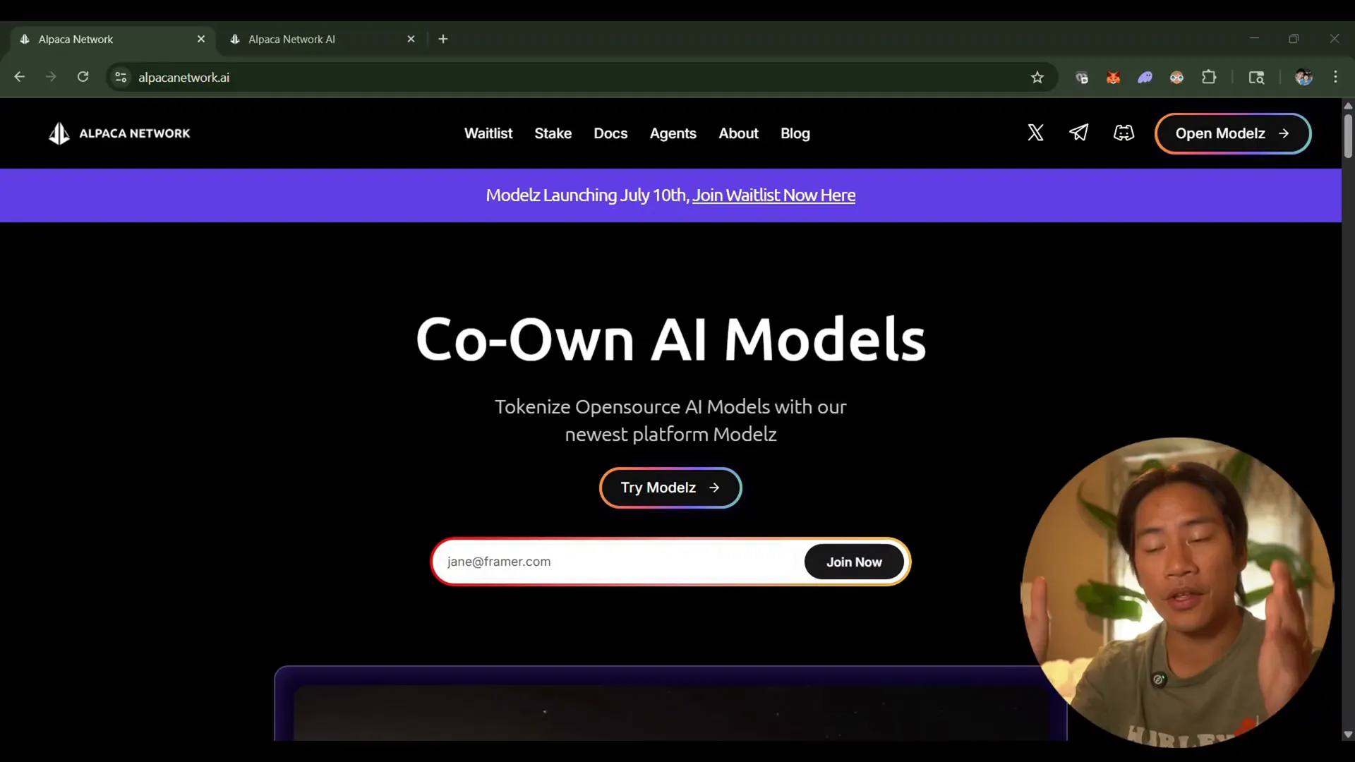 Alpaca Network landing page showcasing AI and blockchain integration