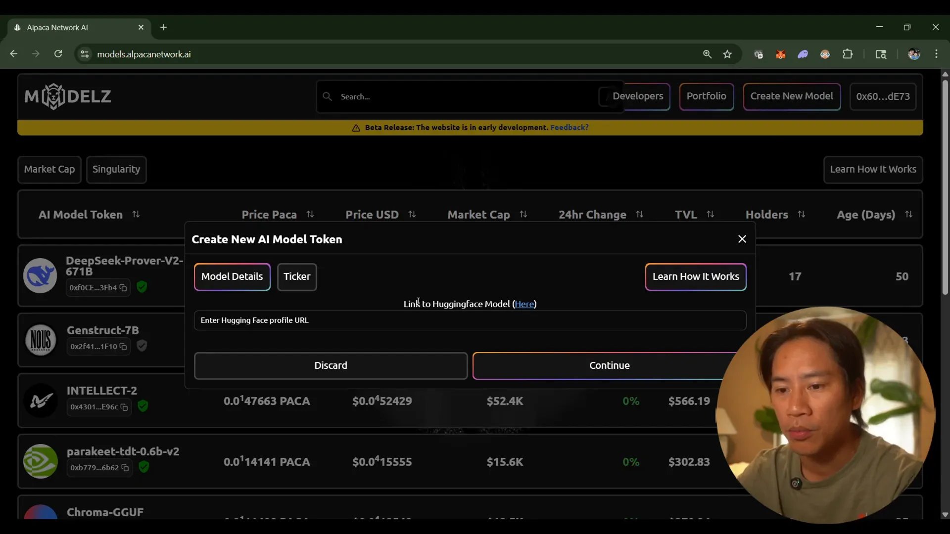 Creating AI model token on Alpaca Network using Hugging Face URL