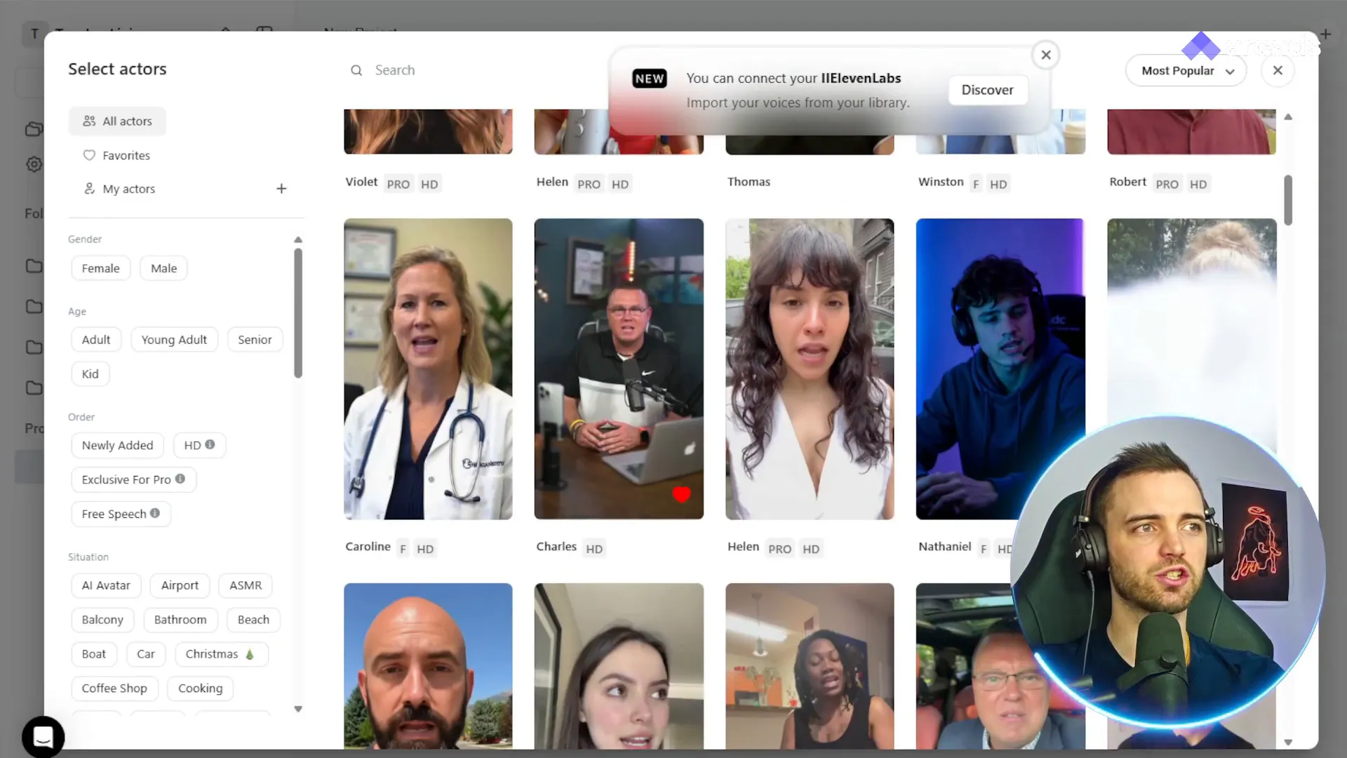 Selecting and adding an AI actor to the project