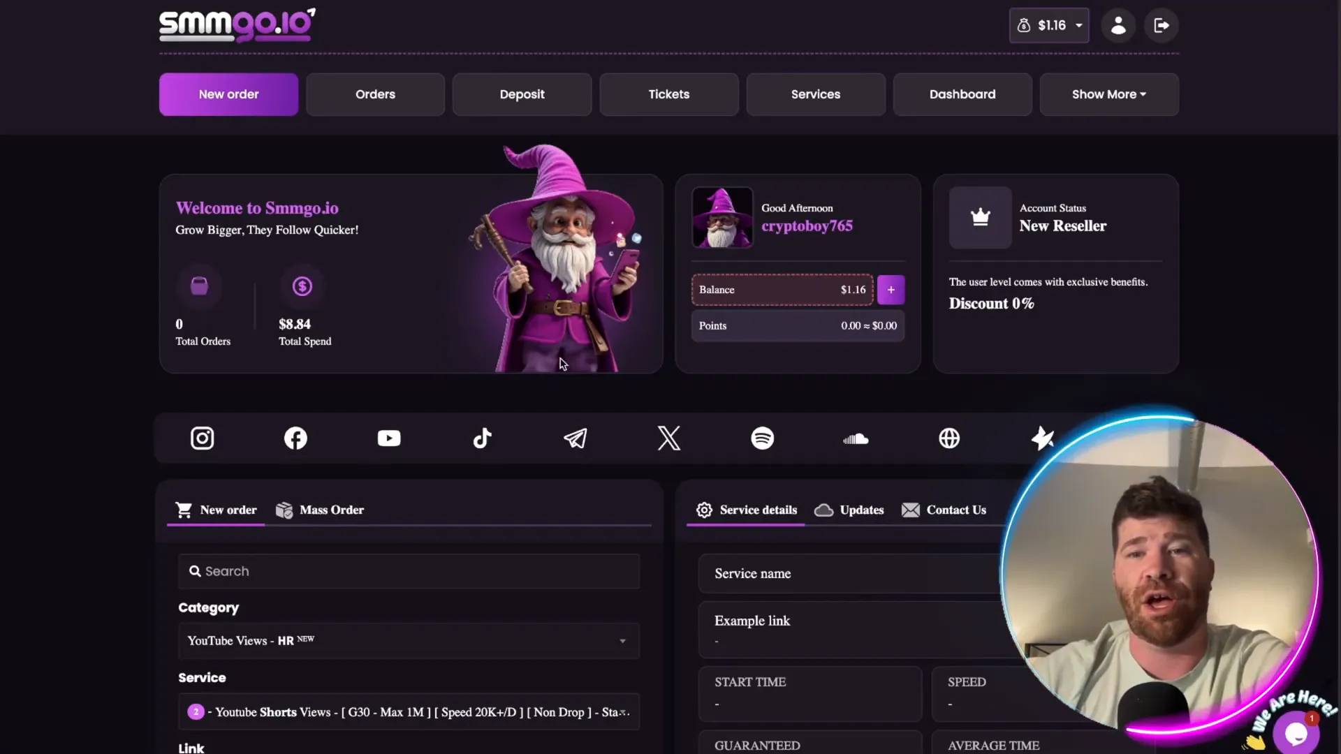 SMMGO.io dashboard showing order placement and platform options