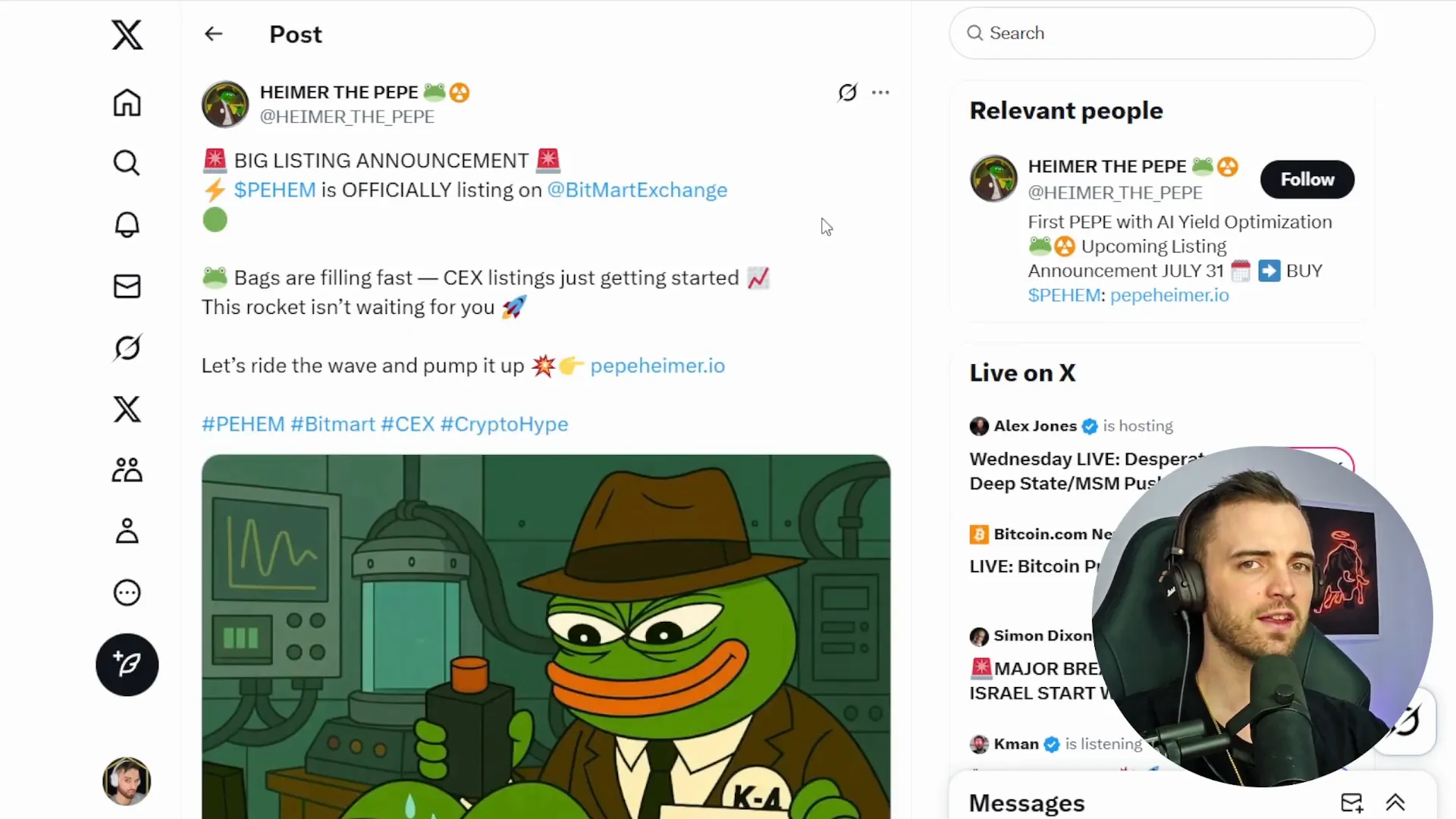 BitMart and Uniswap listing announcements for Pepe Heimer