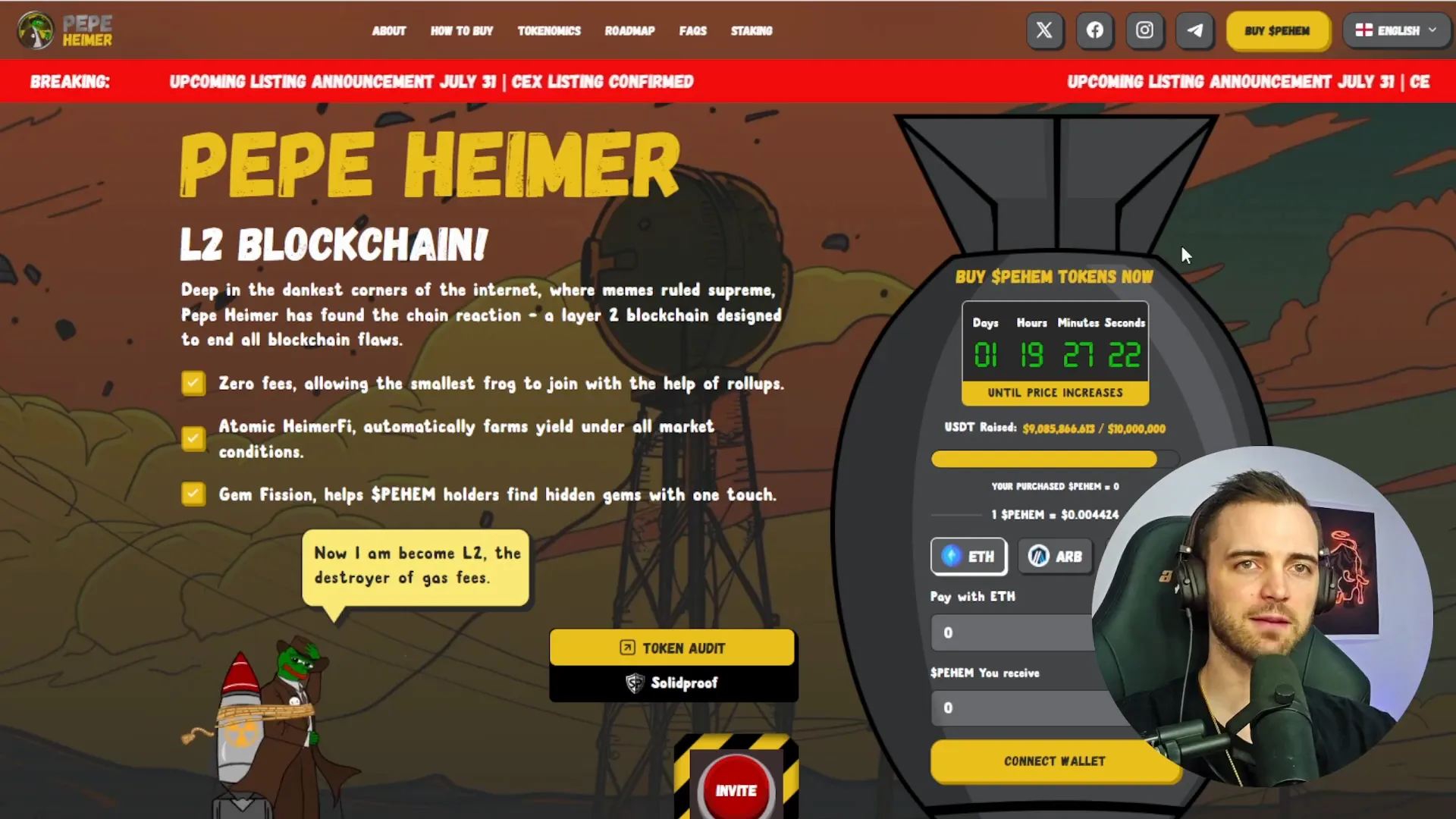 Pepe Heimer presale landing page showing $9 million raised