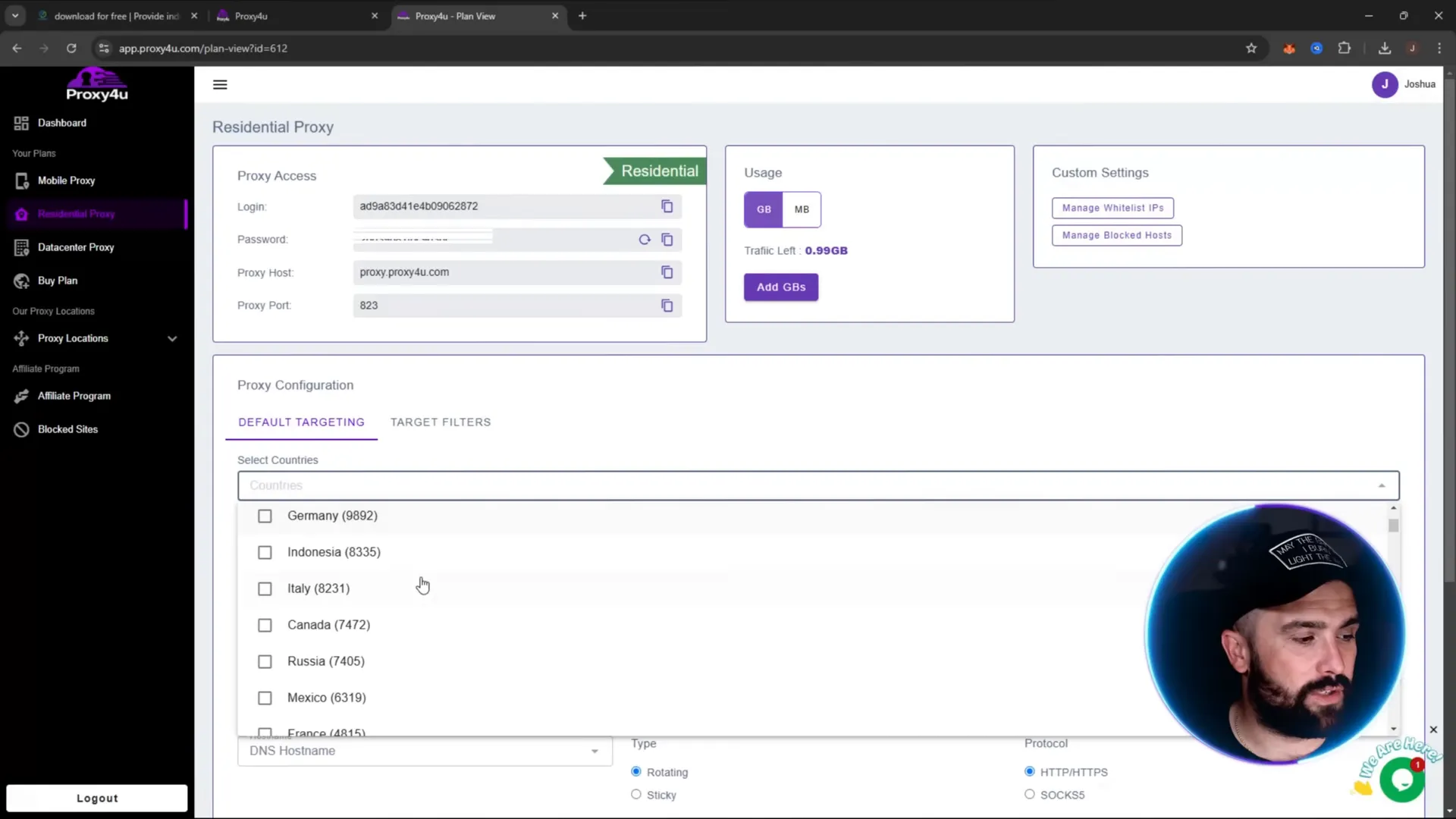 Proxy4U dashboard with residential proxy options