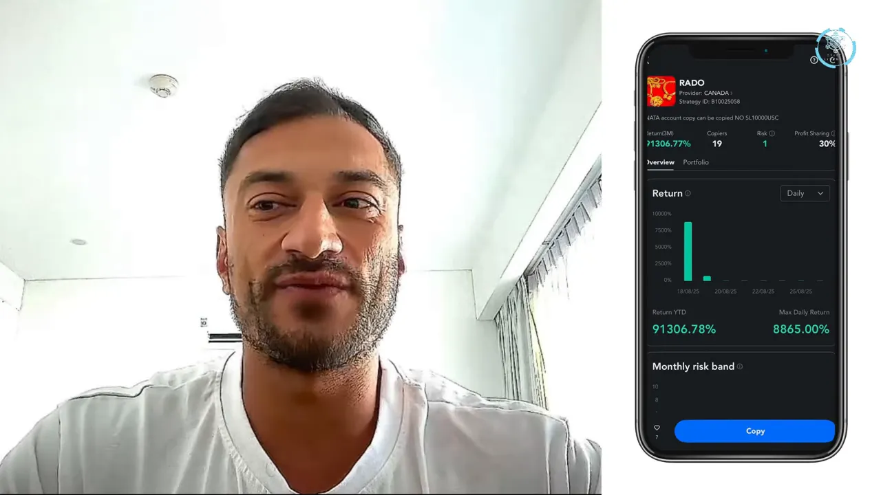 Smartphone‑Bildschirm zeigt Copy‑Trading Statistik und blauen Copy‑Button neben Moderator im Video