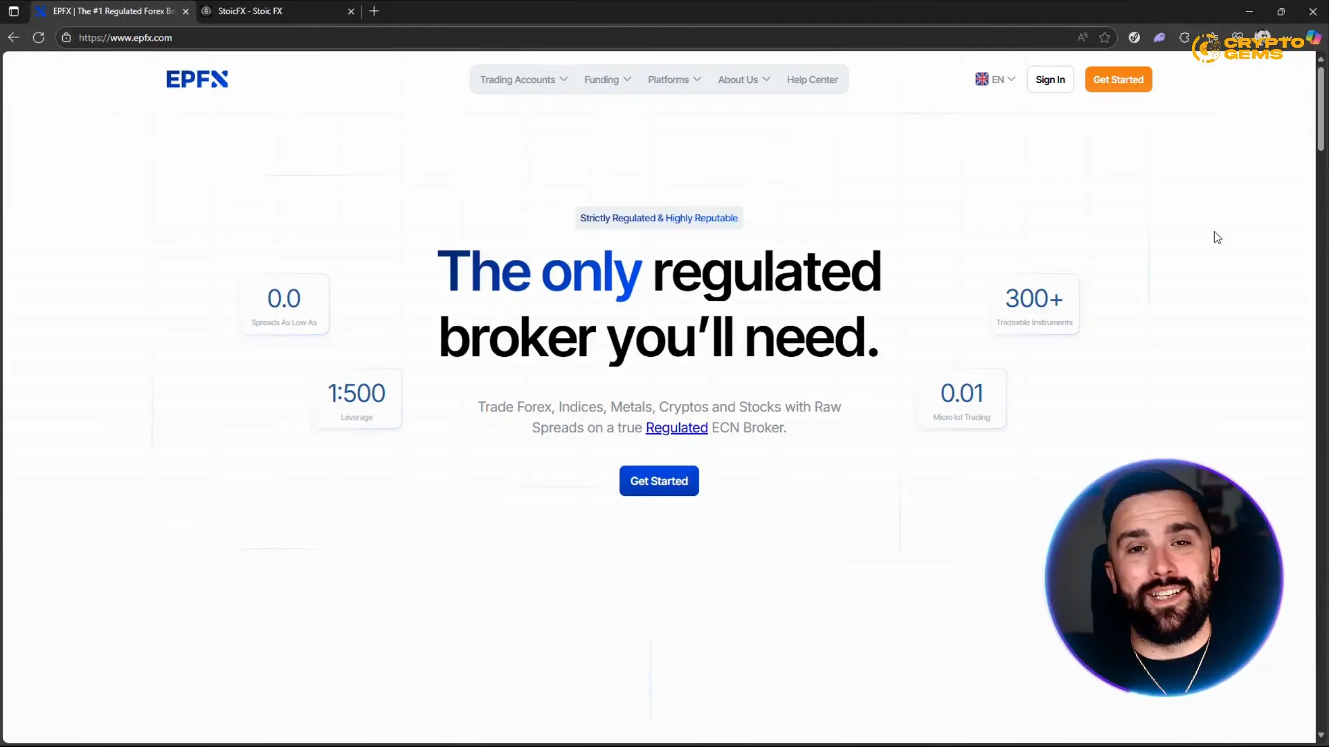 EPFX homepage highlights: leverage, account types, and tradable instruments