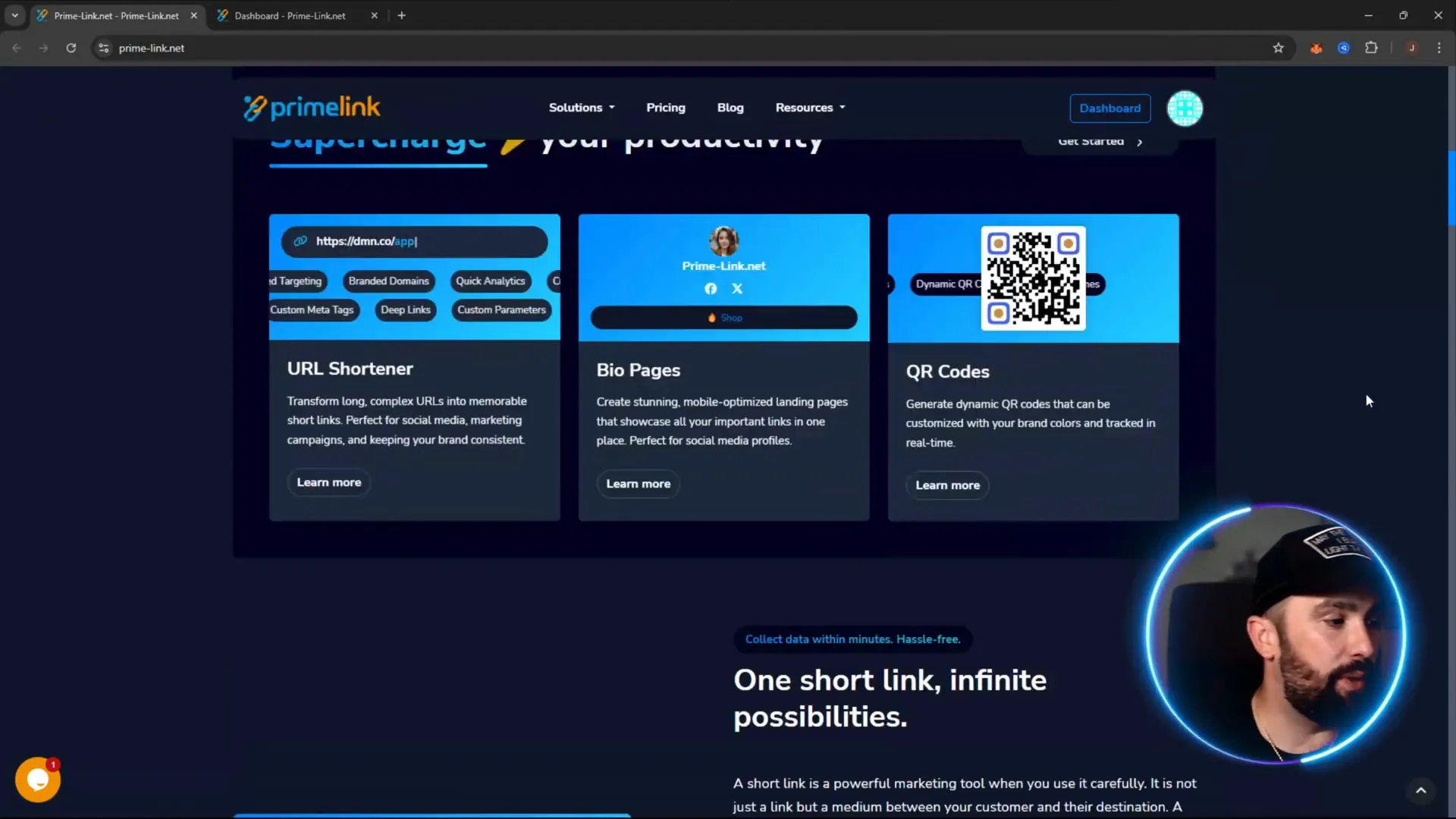 Prime Link dashboard showing URL shortener and analytics