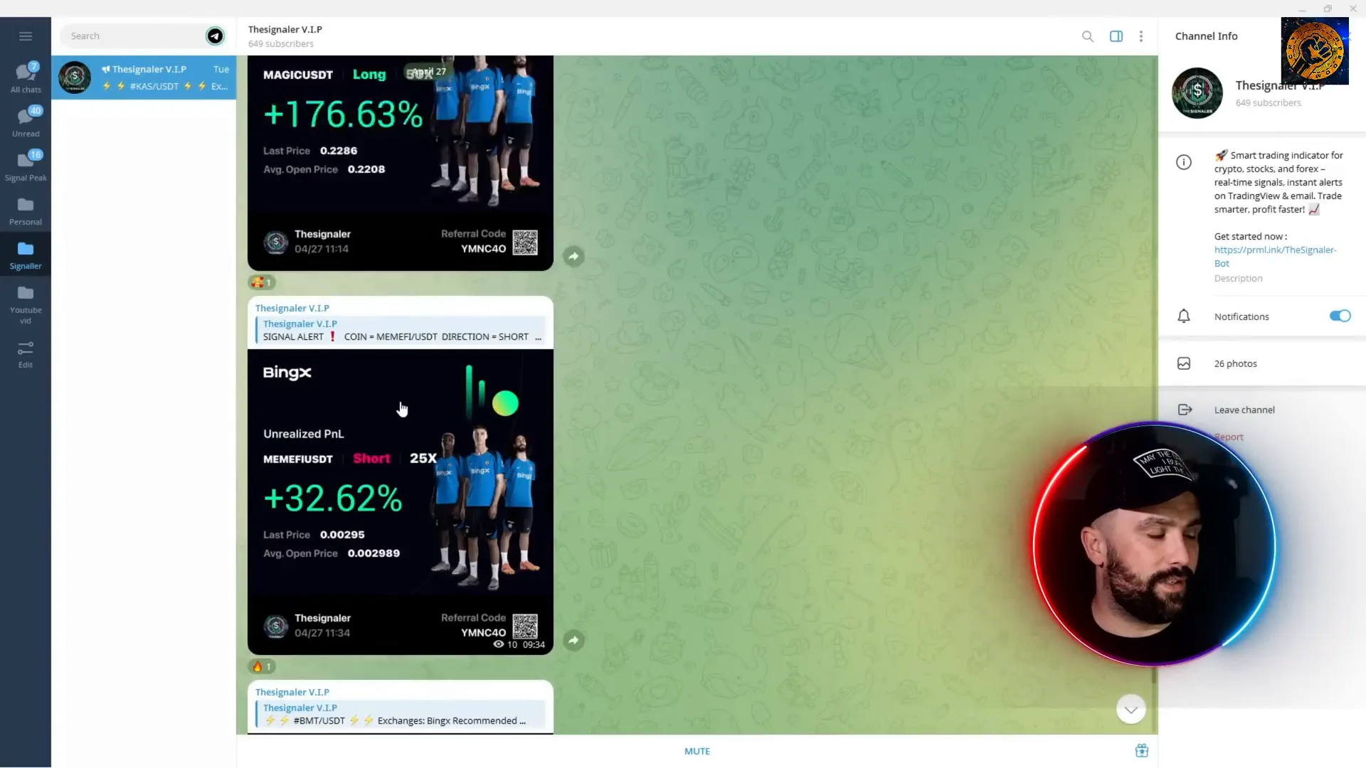 TheSignaler VIP group trade results showing large percentage gains
