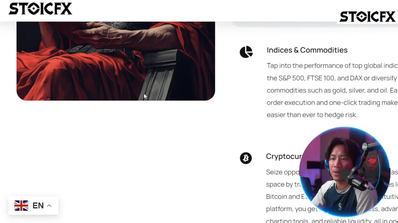 StoicFX webpage screenshot with 'Indices & Commodities' and partial 'Cryptocurrencies' text plus presenter overlay
