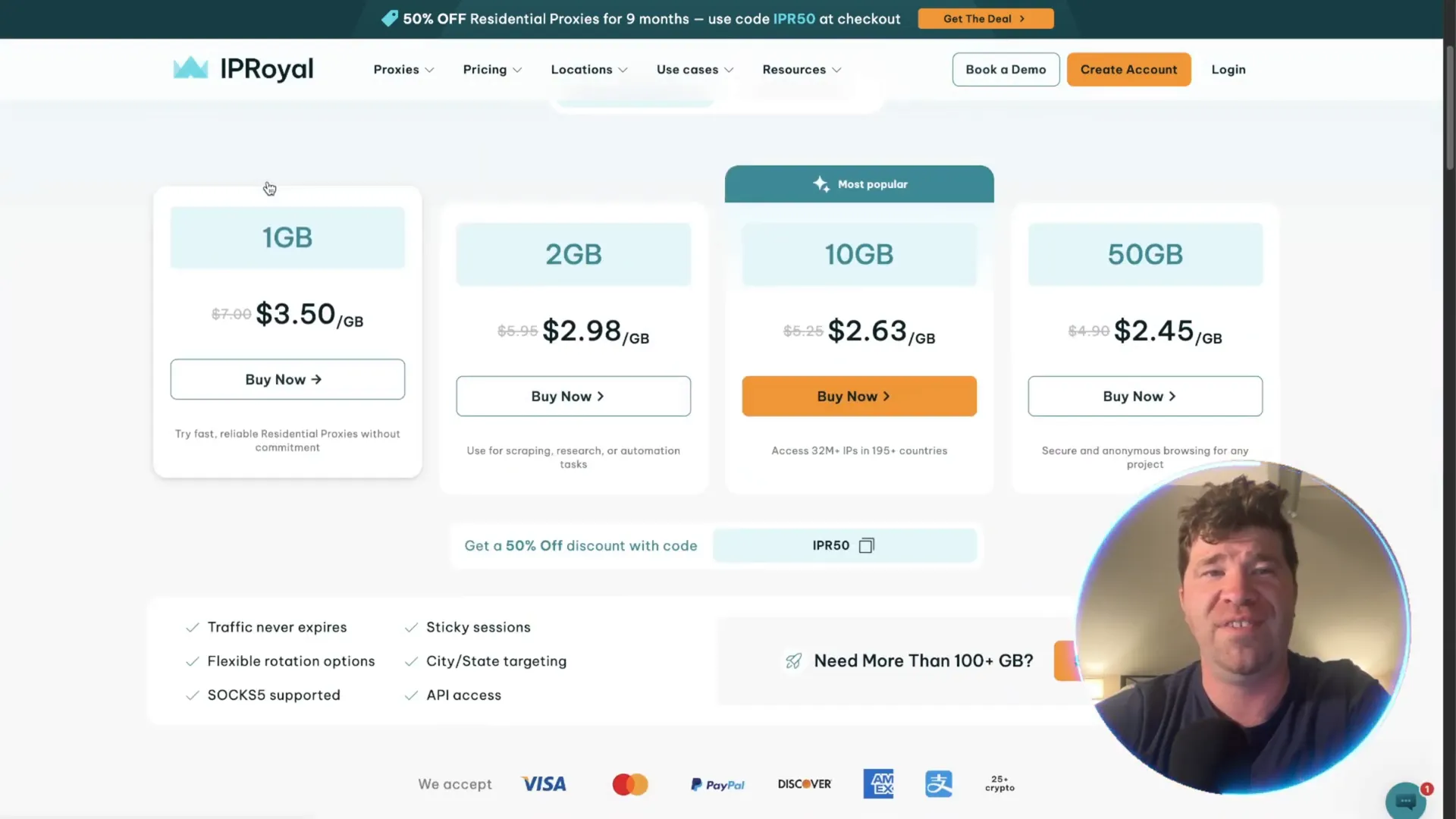 IP Royal pricing plans showing different proxy types