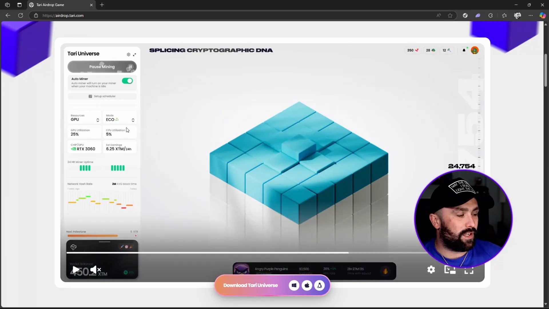 Tari Universe mining dashboard showing wallet balance and GPU utilization