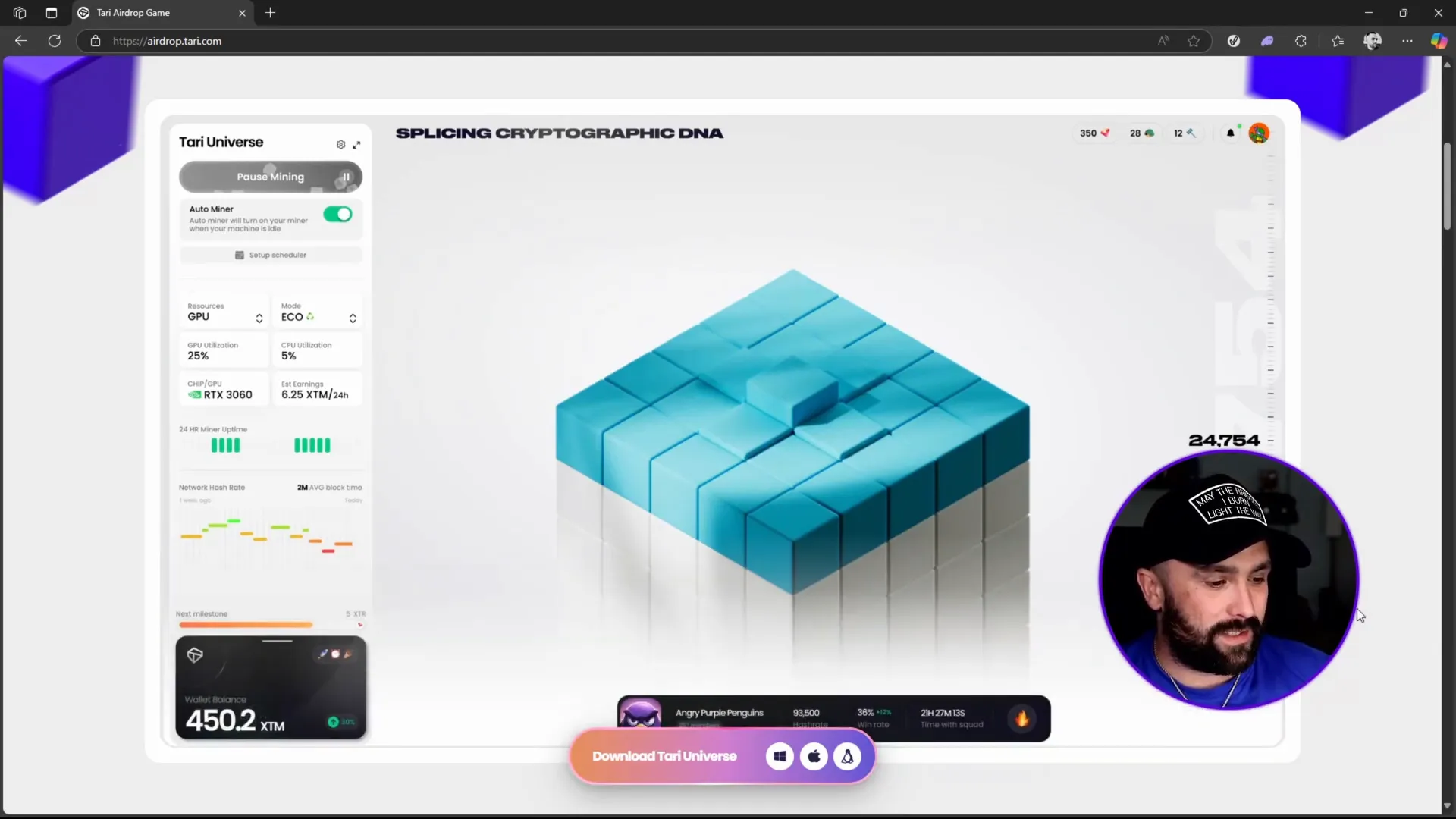 Tari Universe mining dashboard showing wallet balance and system utilization