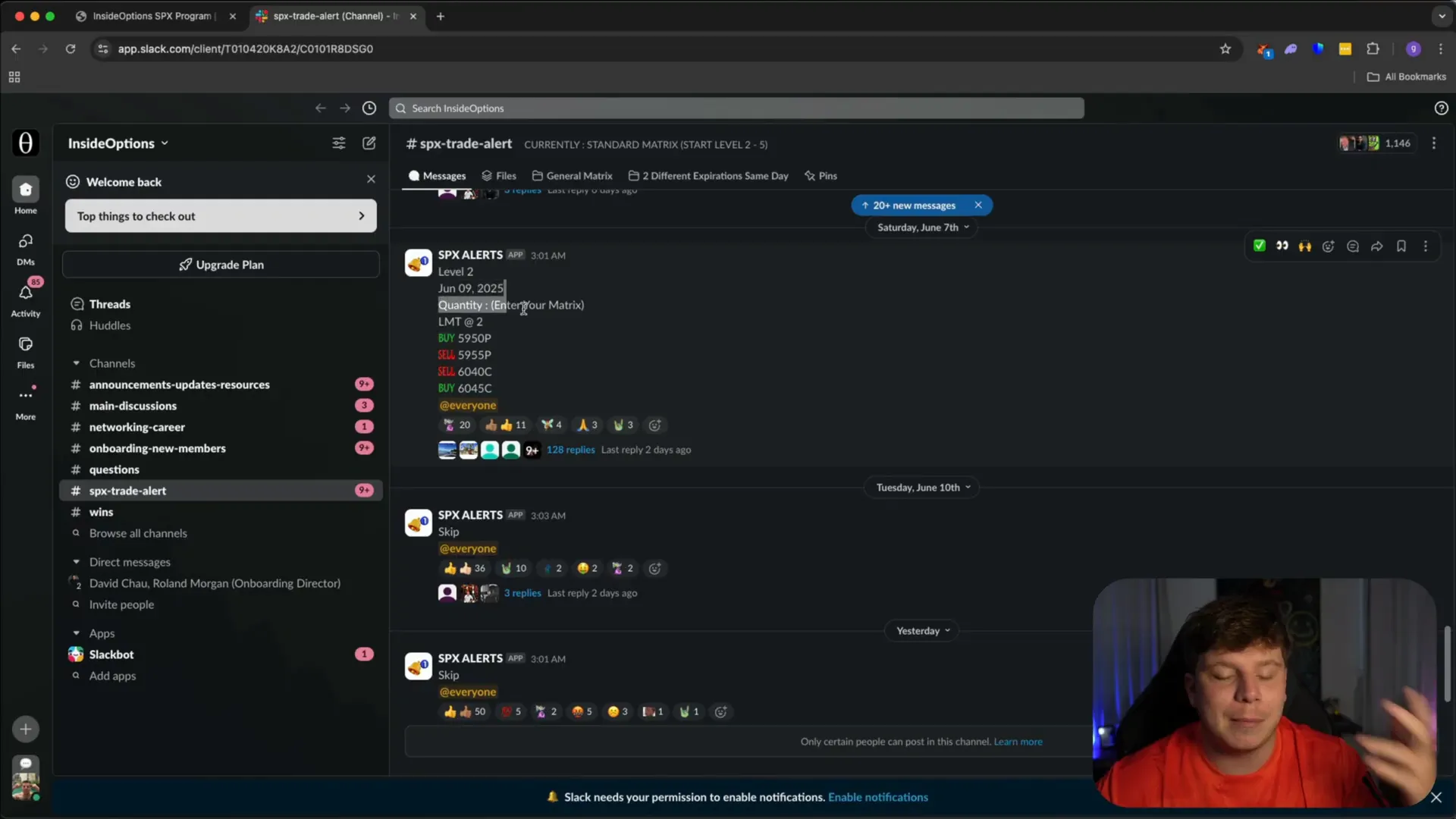 InsideOptions Slack channel showing SPX trade alerts