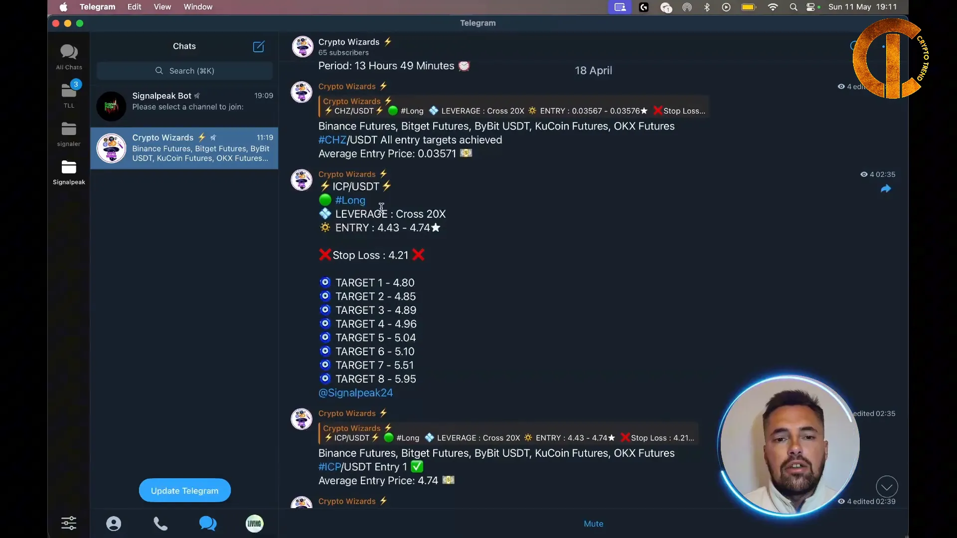 Example of a crypto wizard signal with entry, stop loss, and targets