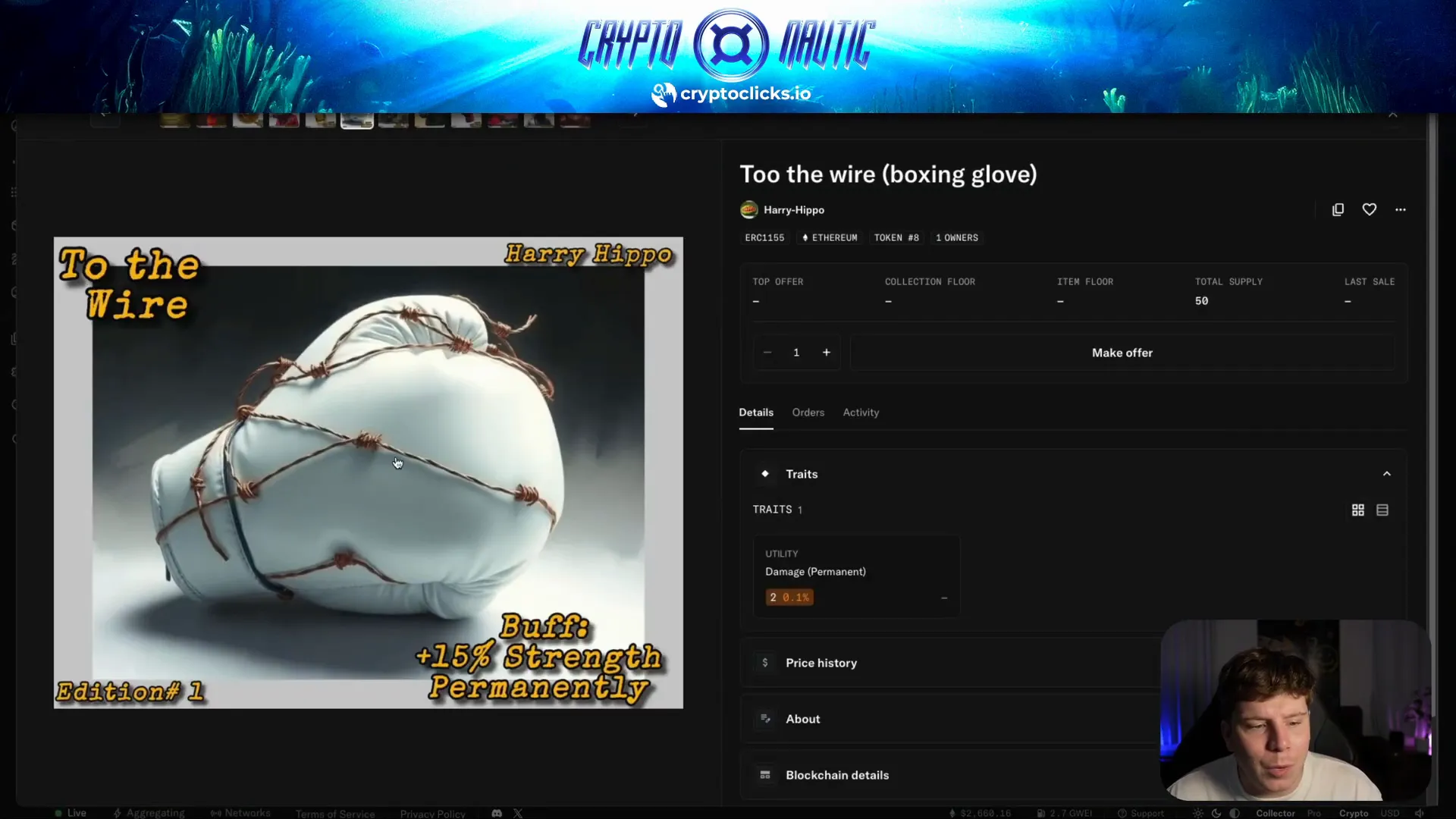 Golden Knuckles NFT with barbed wire boxing glove artwork