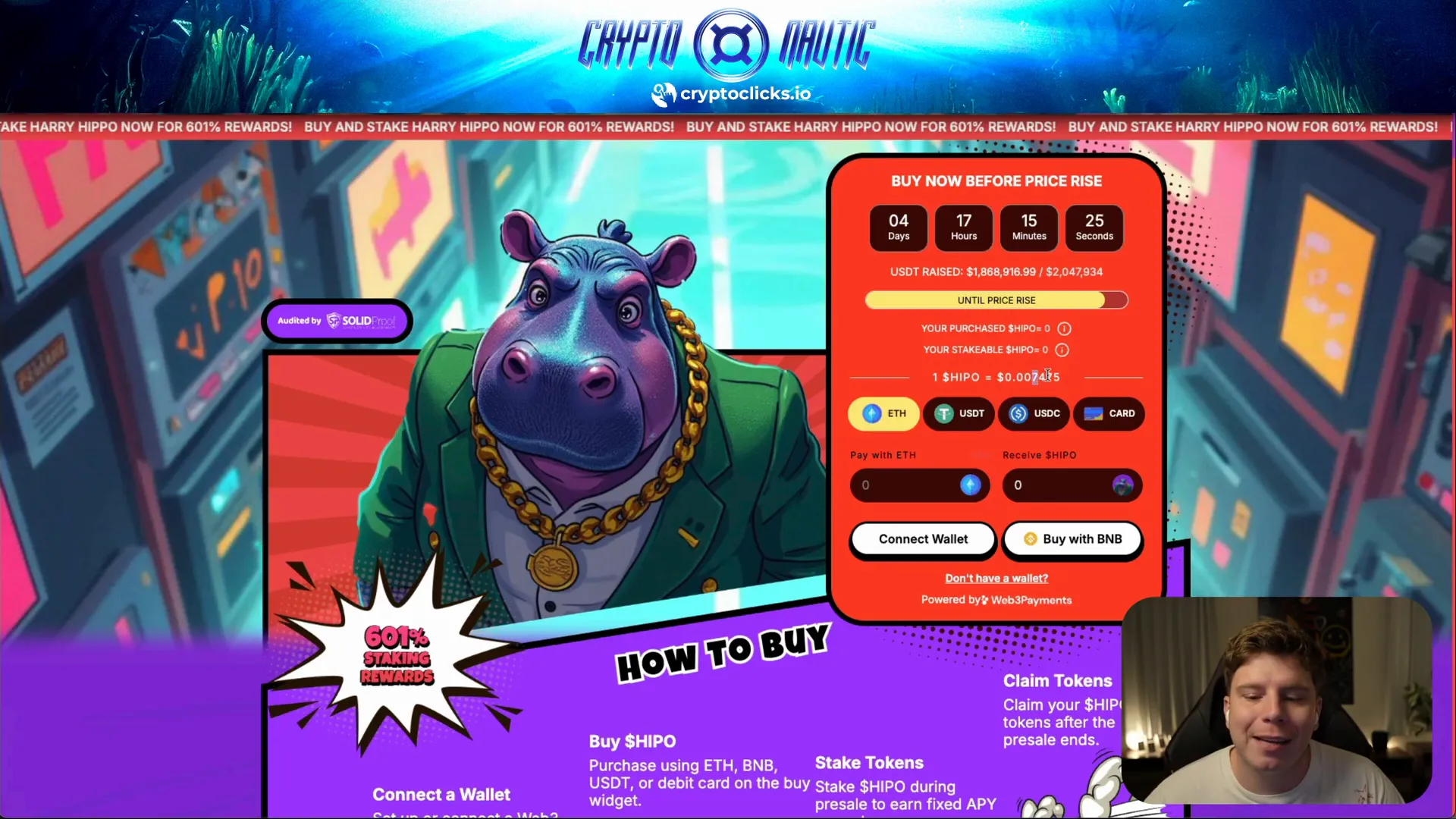 Harry Hippo token presale details showing 61% staking rewards