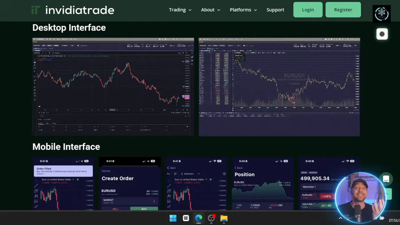 Pantalla de Invidia Trade con dos gráficos de escritorio y miniaturas de la app móvil