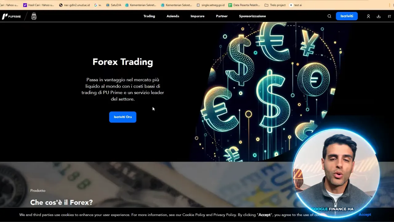 Pagina hero PU Prime per Forex Trading con grandi simboli di valuta luminosi