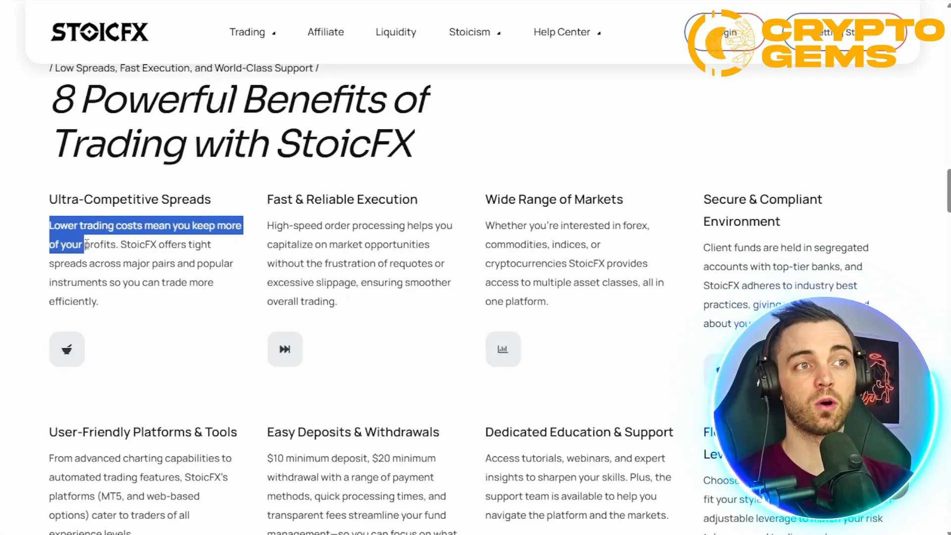 StoicFX landing page highlighting competitive spreads and liquidity
