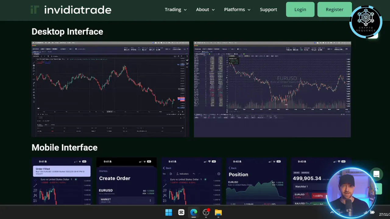 Interfaz de escritorio de InvidiaTrade con ventanas de gráficos, volumen y datos de mercado para ejecución de órdenes.