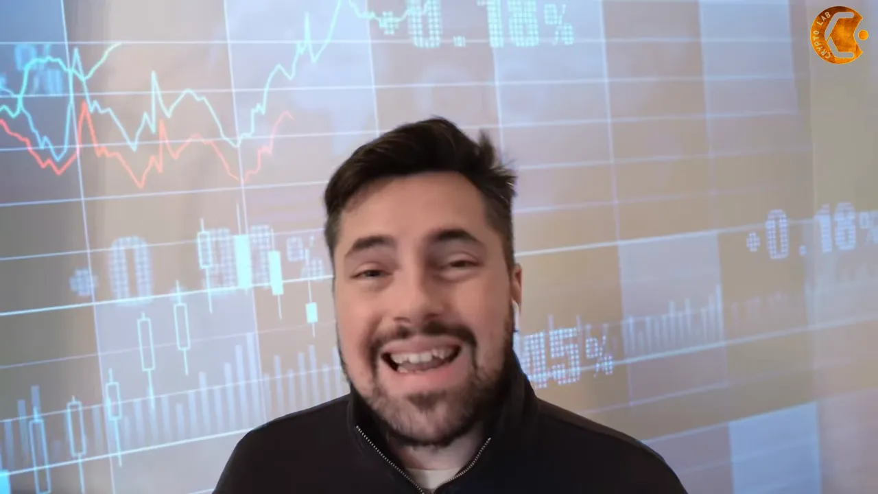 Presenter speaking in front of projected market charts and candlestick graphs