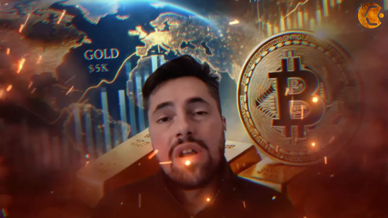 Presenter in front of gold bars and a large Bitcoin coin with a globe and chart reading 'GOLD $5K' in the background