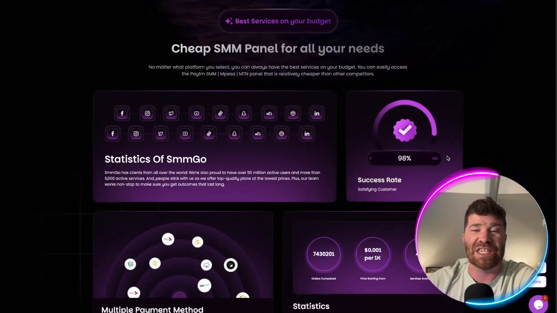 SMMGo.io dashboard showing statistics and service options