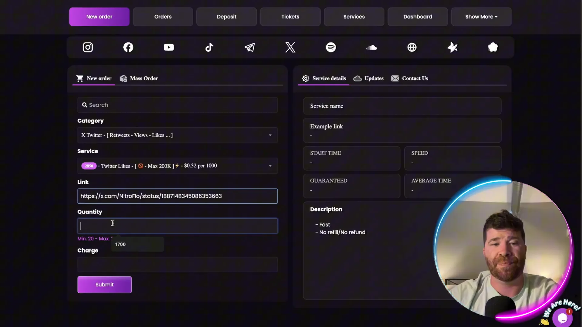 Placing a new order on SMMGo.io selecting Twitter retweets
