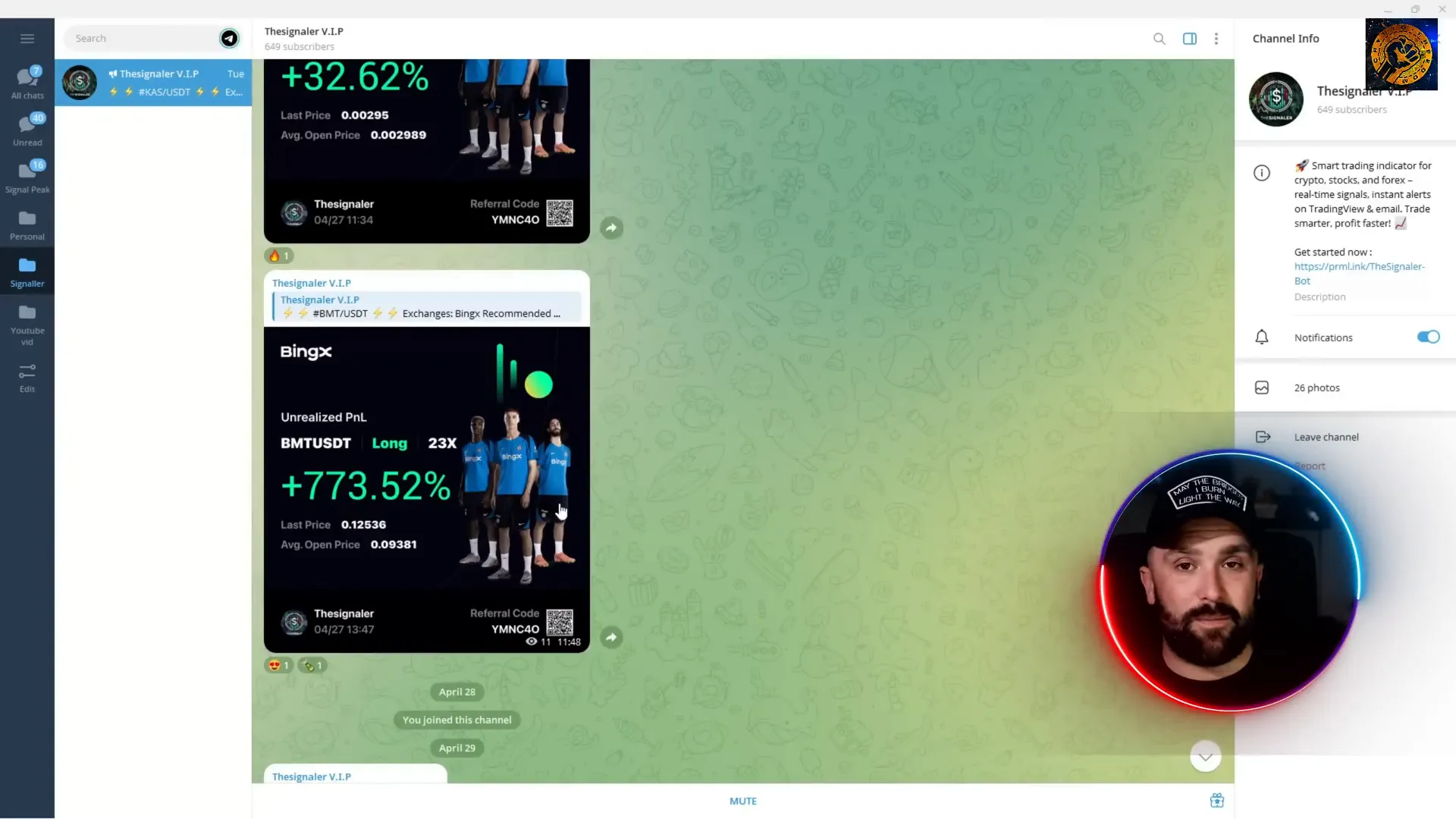 Screenshot of Signal VIPs trading results with high percentage gains