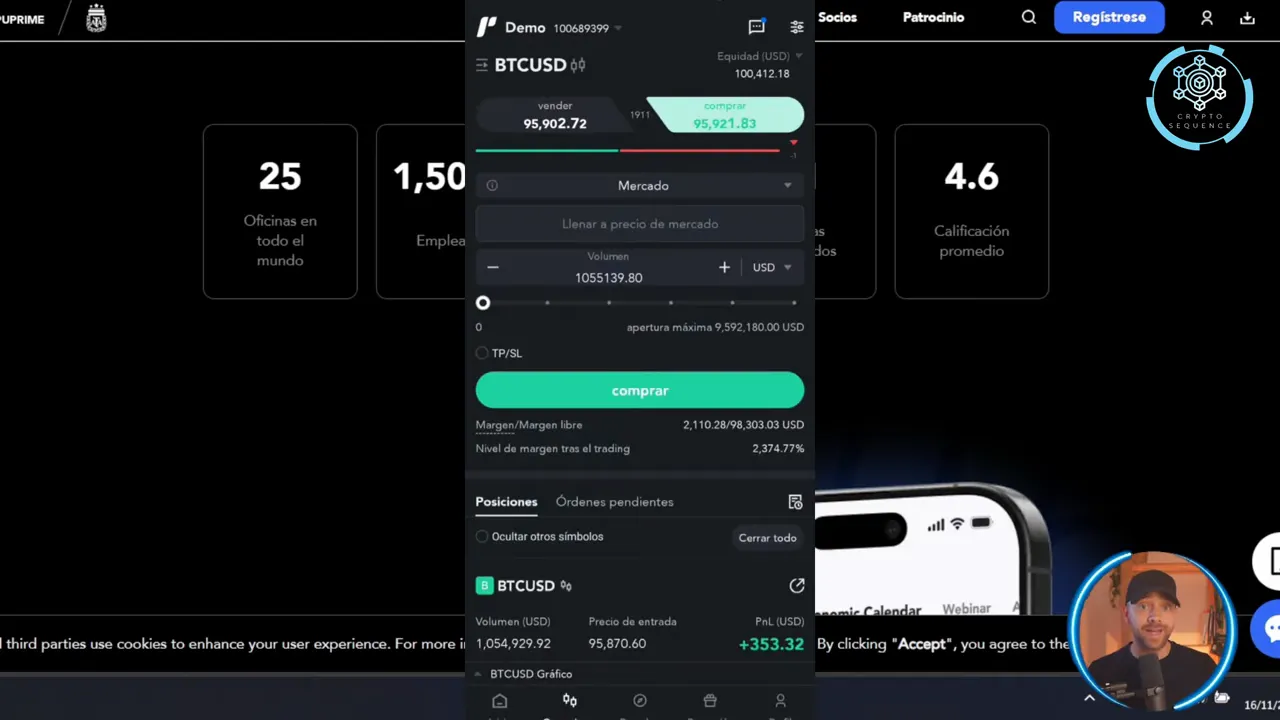 Interfaz de Puprime mostrando BTCUSD, botón comprar y 'Nivel de margen tras el trading' legible (2,374.77%).