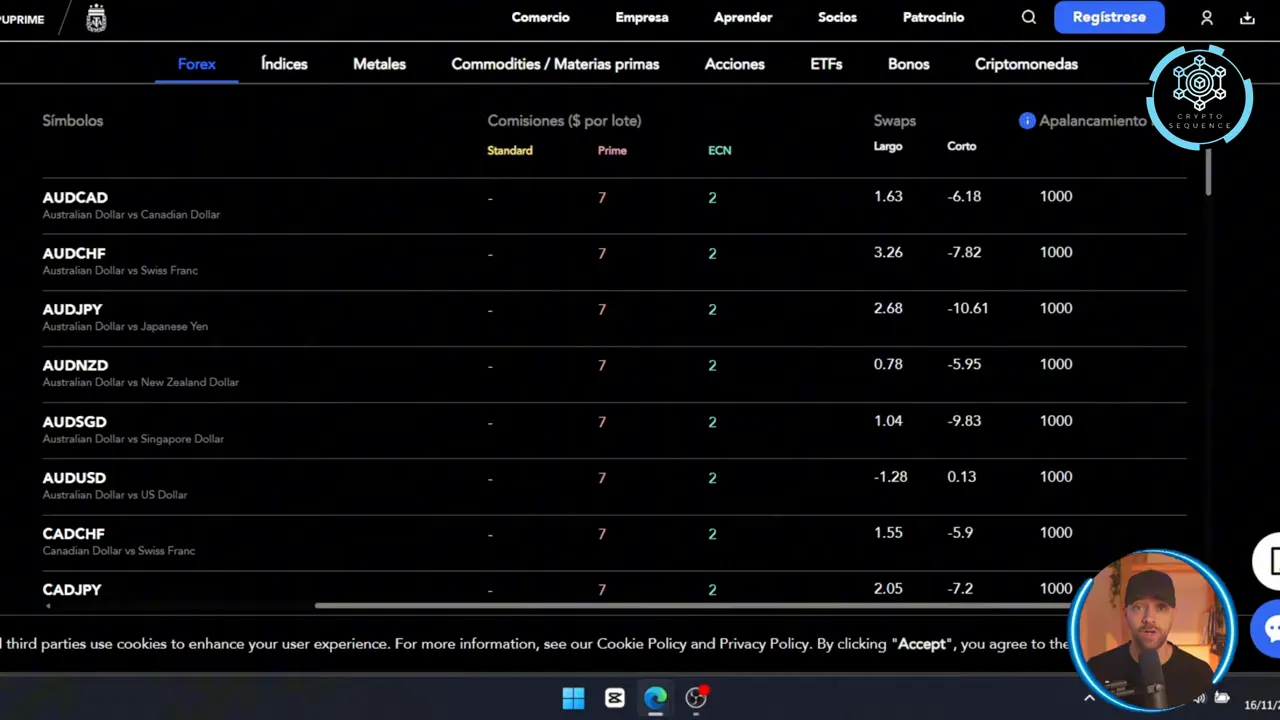 Captura de la tabla de símbolos y columna de apalancamiento en la web de Puprime mostrando valores 1000