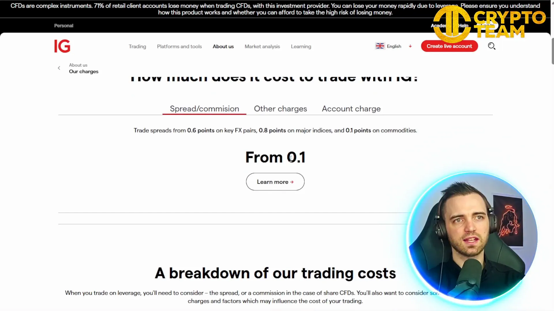 Screenshot showing IG Markets costs and charges section with misleading low spread claims