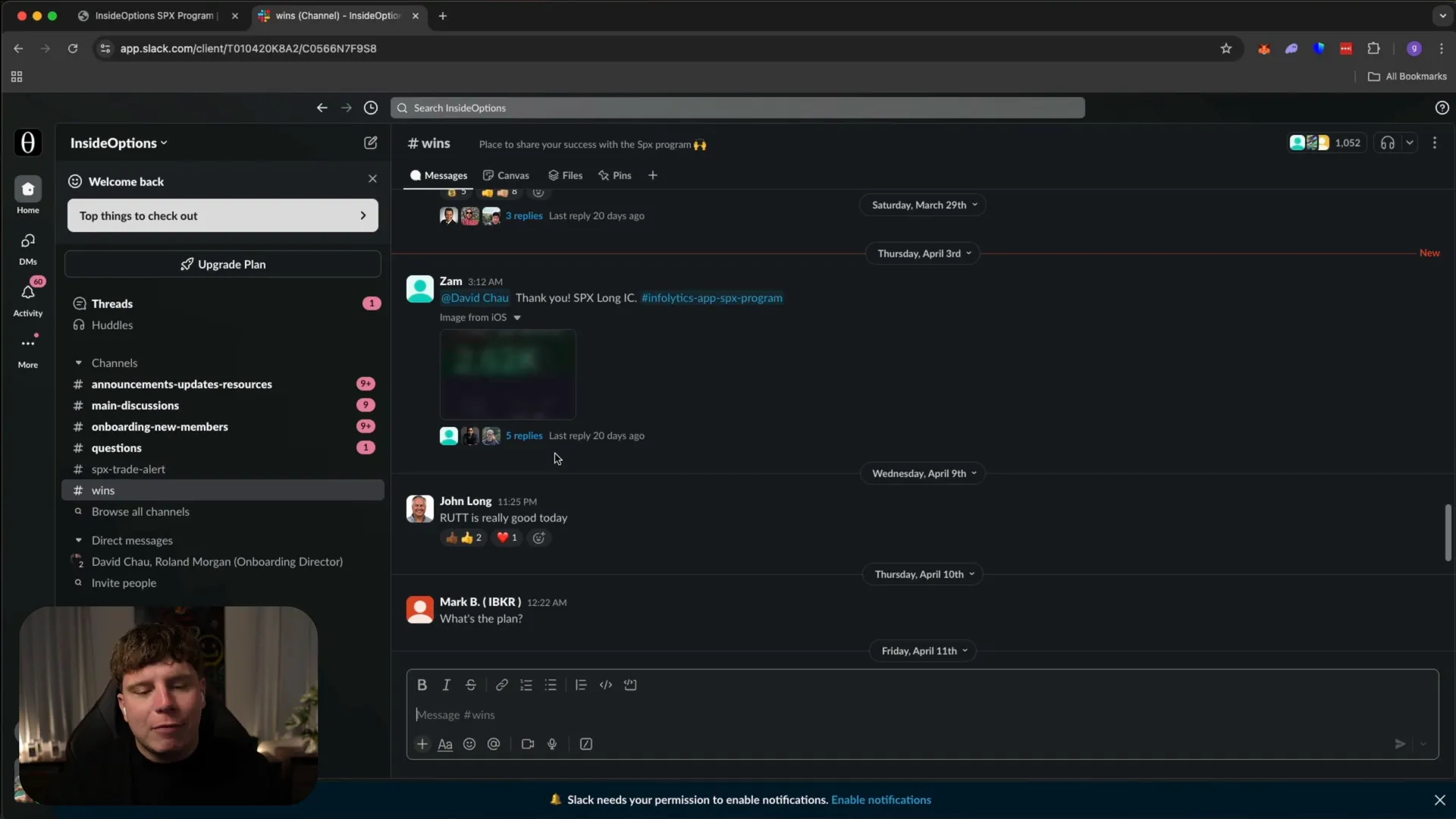 InsideOptions Slack channel showing trade alerts and community wins