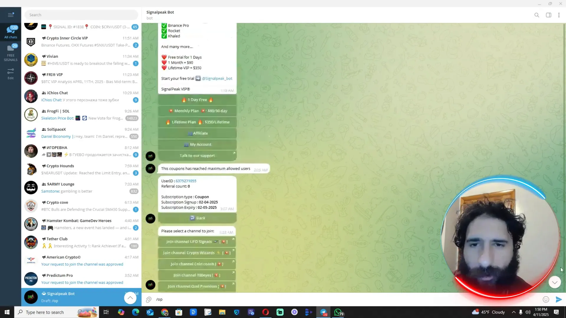 Overview of various Telegram groups available through SignalPeak