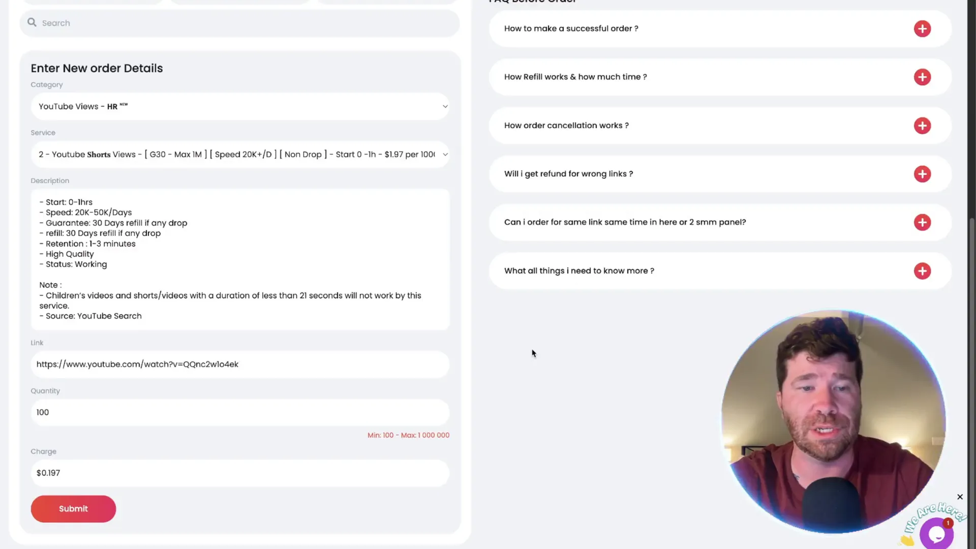 Order submission interface on SMMGo.io showing YouTube video URL input