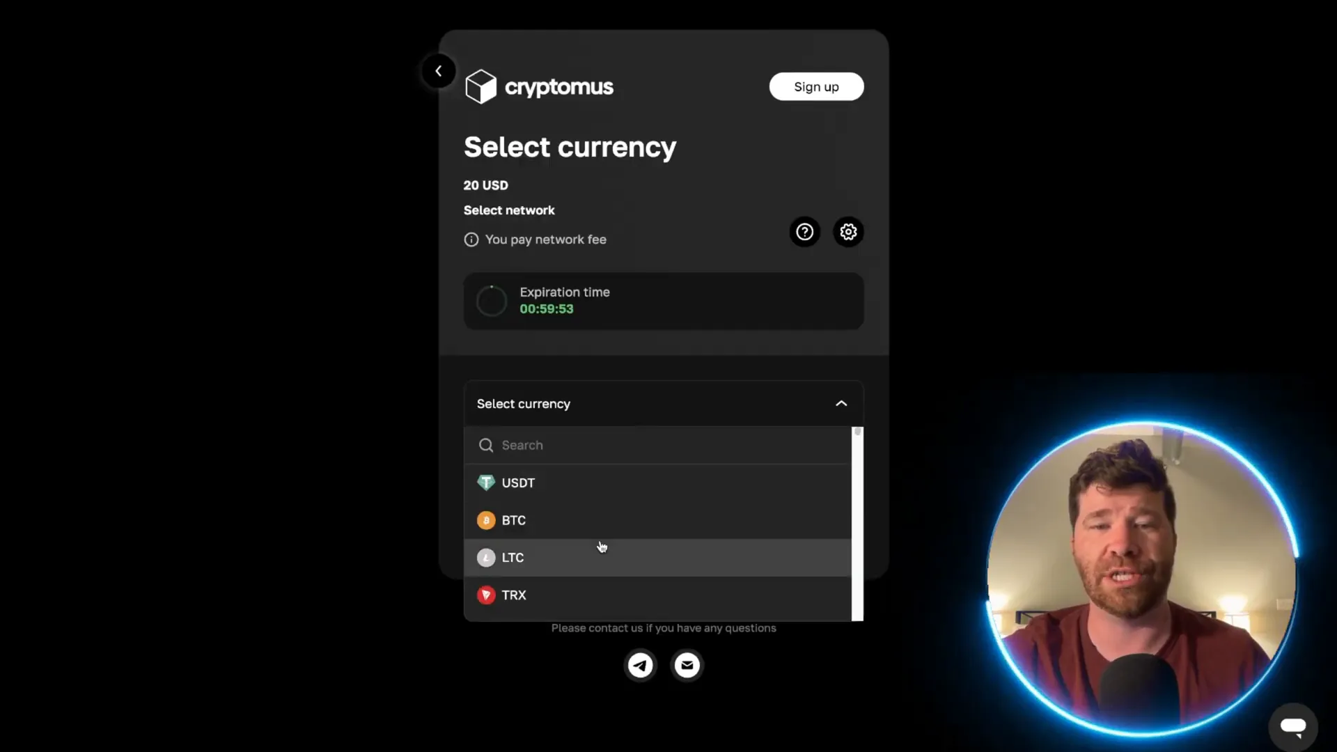 Add funds page showing cryptocurrency options for payment on SMMGo.io