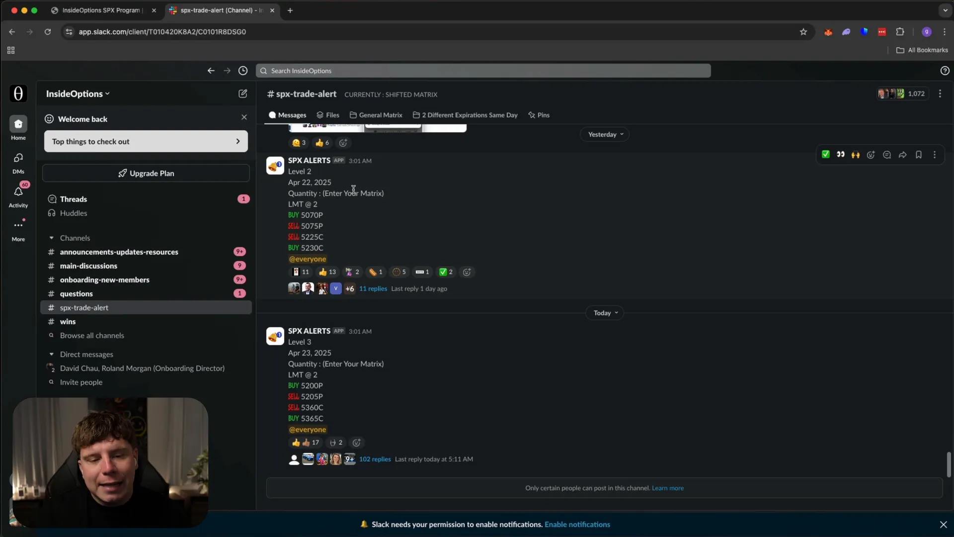 InsideOptions Slack channel showing trade alerts and wins