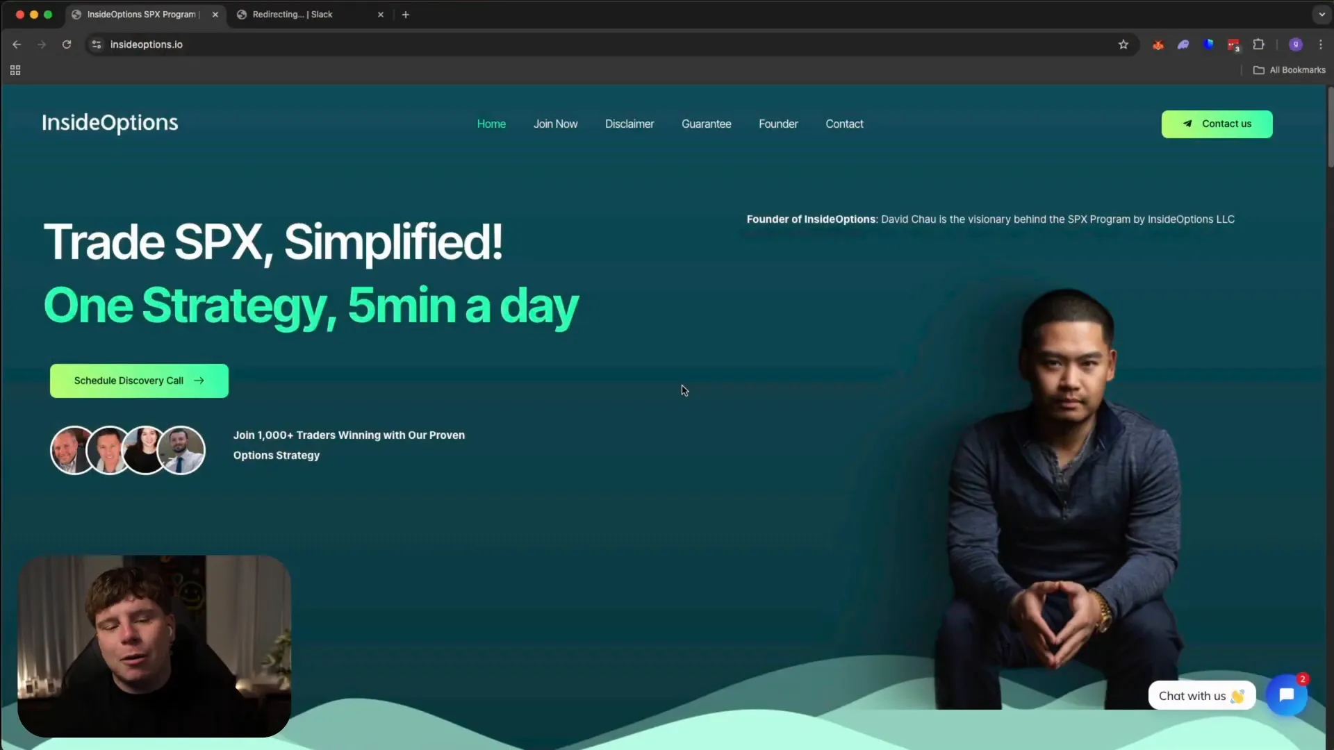 InsideOptions.io website homepage showing David Chau and SPX program