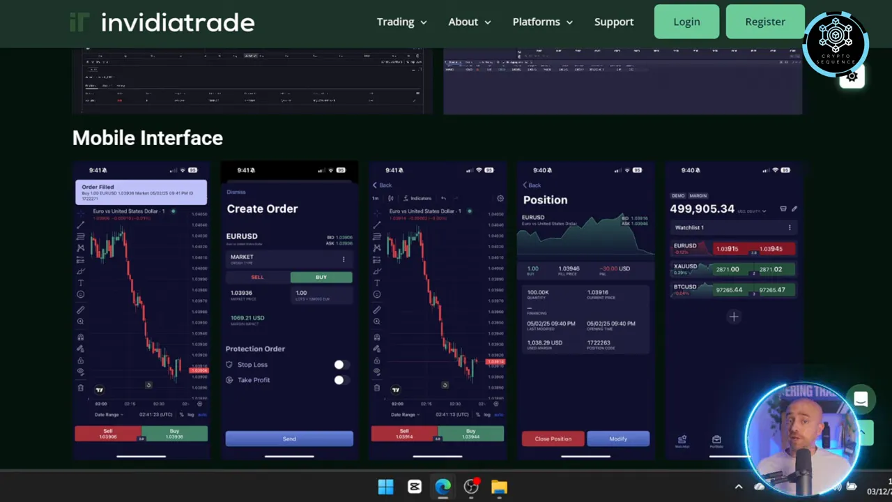 Mockups móviles de InvidiaTrade con gráficos, botones Sell/Buy y detalles de posición