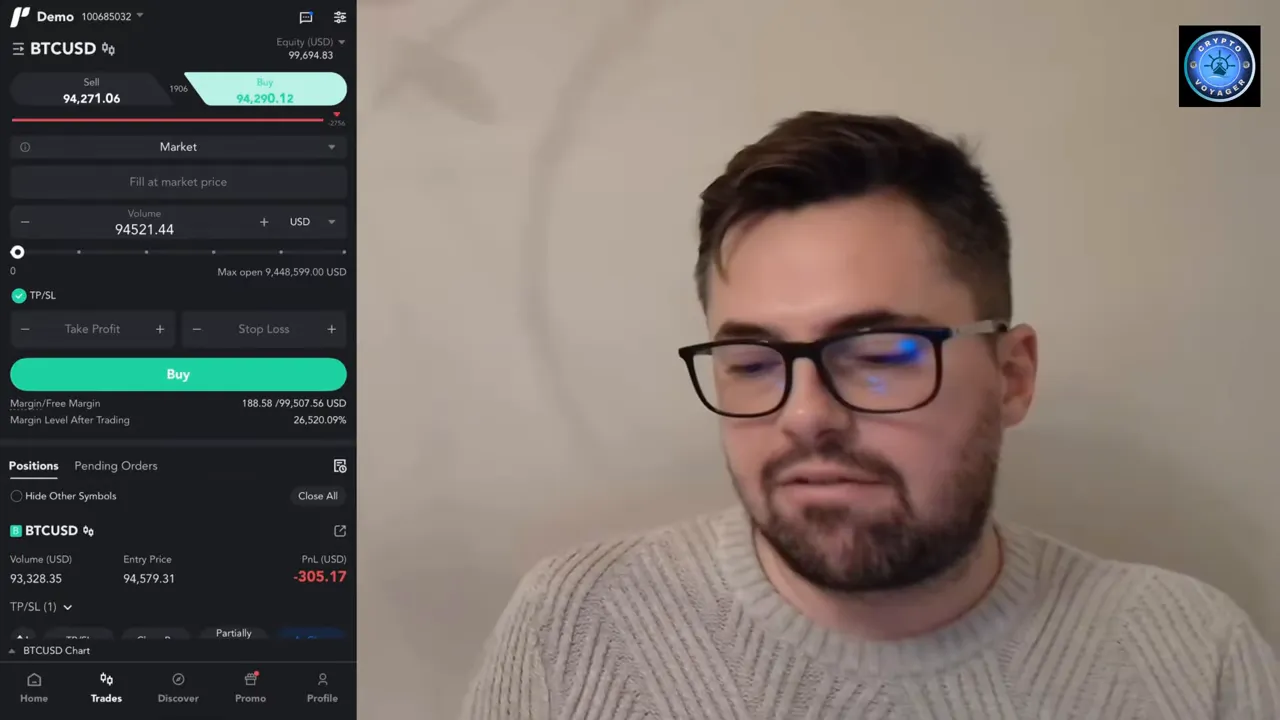 Clear PU Prime order entry interface for BTCUSD with prominent green Buy button, volume slider and TP/SL fields