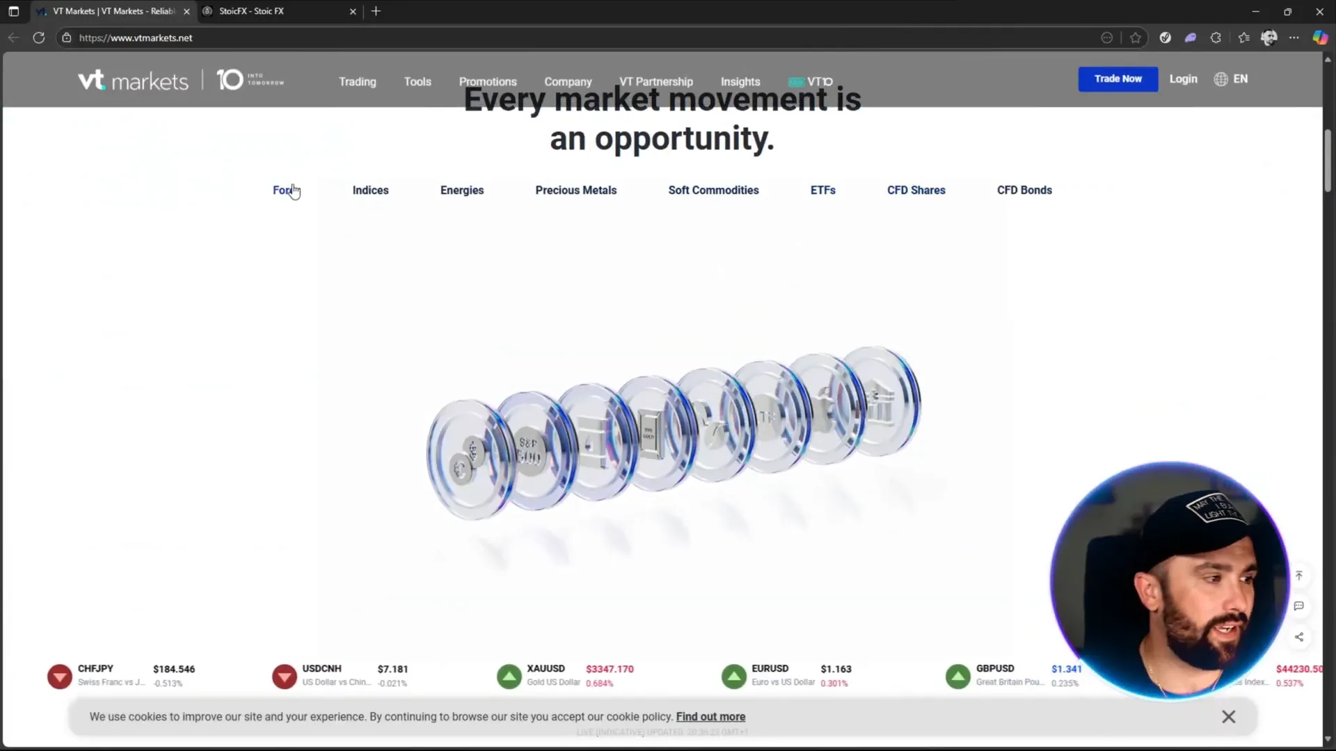 VT Markets website showing trading instruments and market data