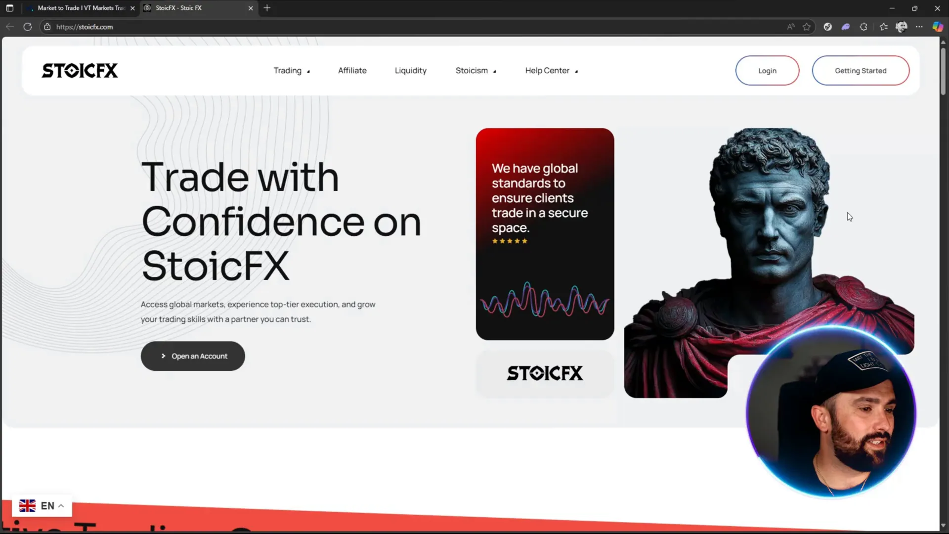 StoicFX homepage featuring Roman emperor and key features