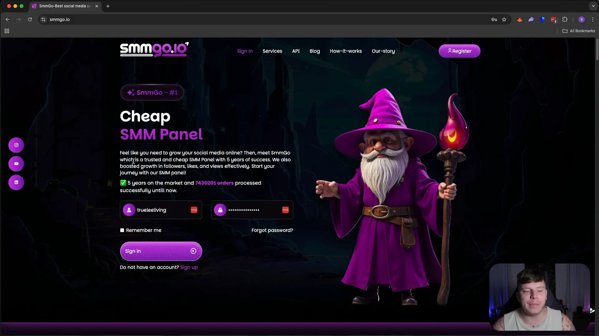 SMMGo dashboard showing social media services