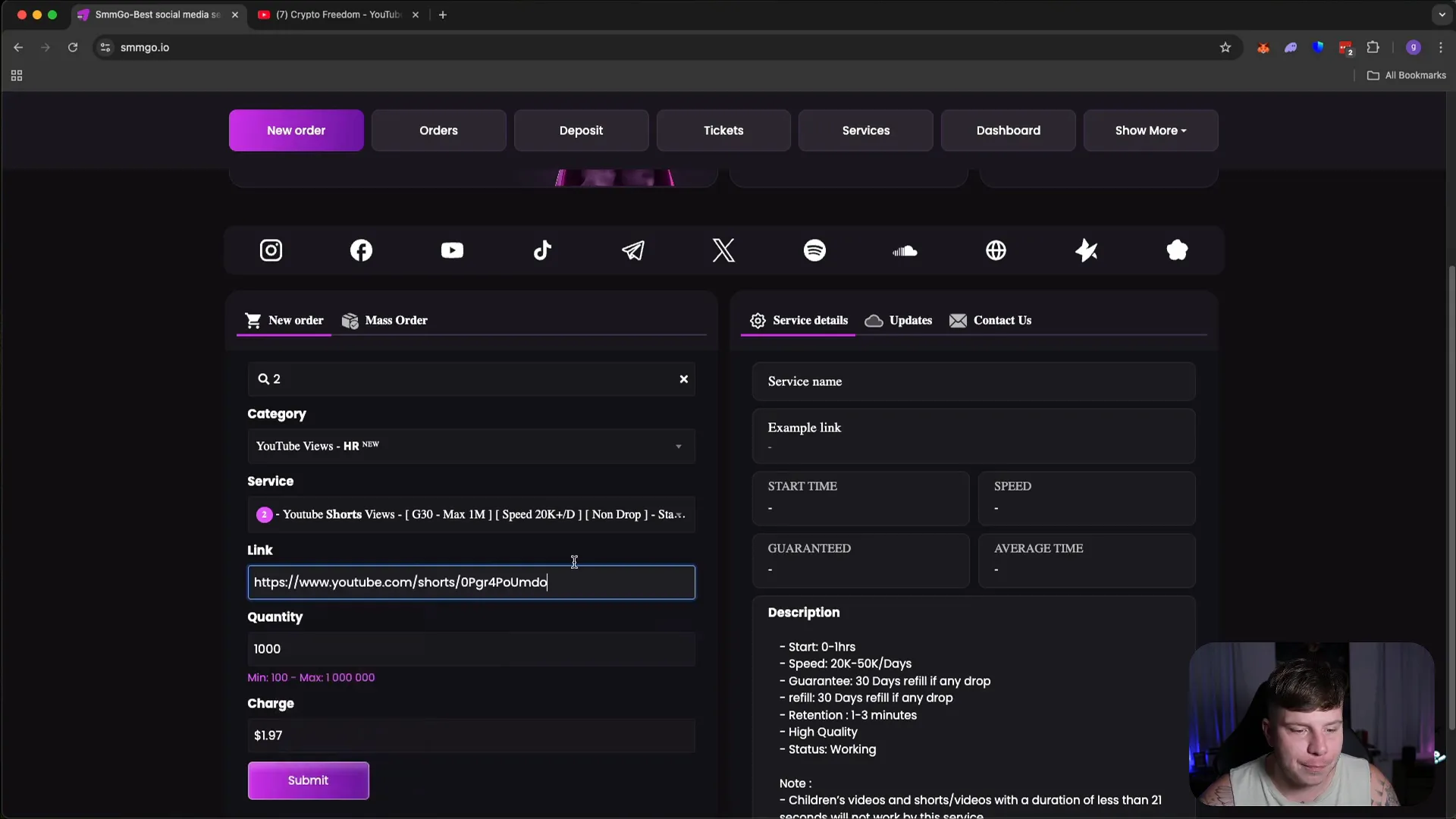Placing an order for YouTube Shorts views on SMMGo