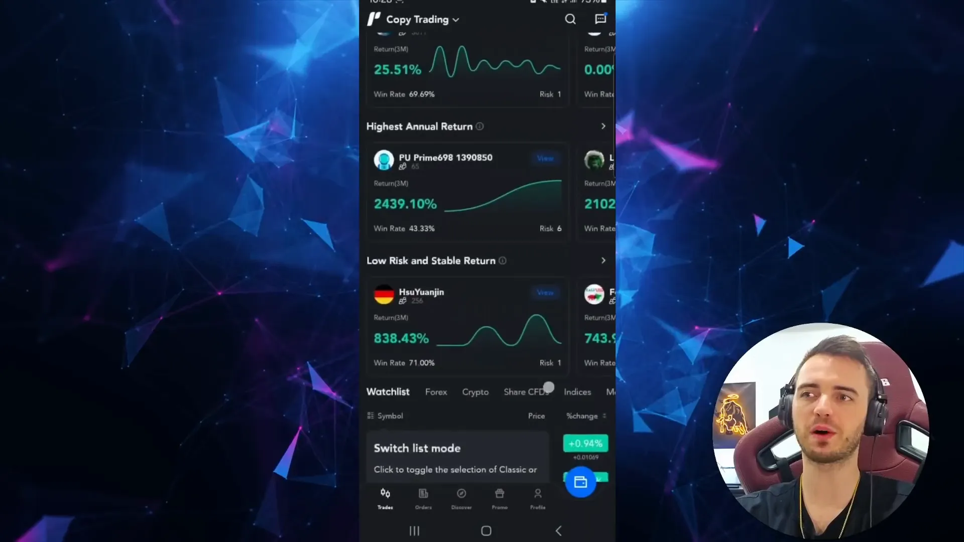 PU Prime app showing top traders and their monthly returns