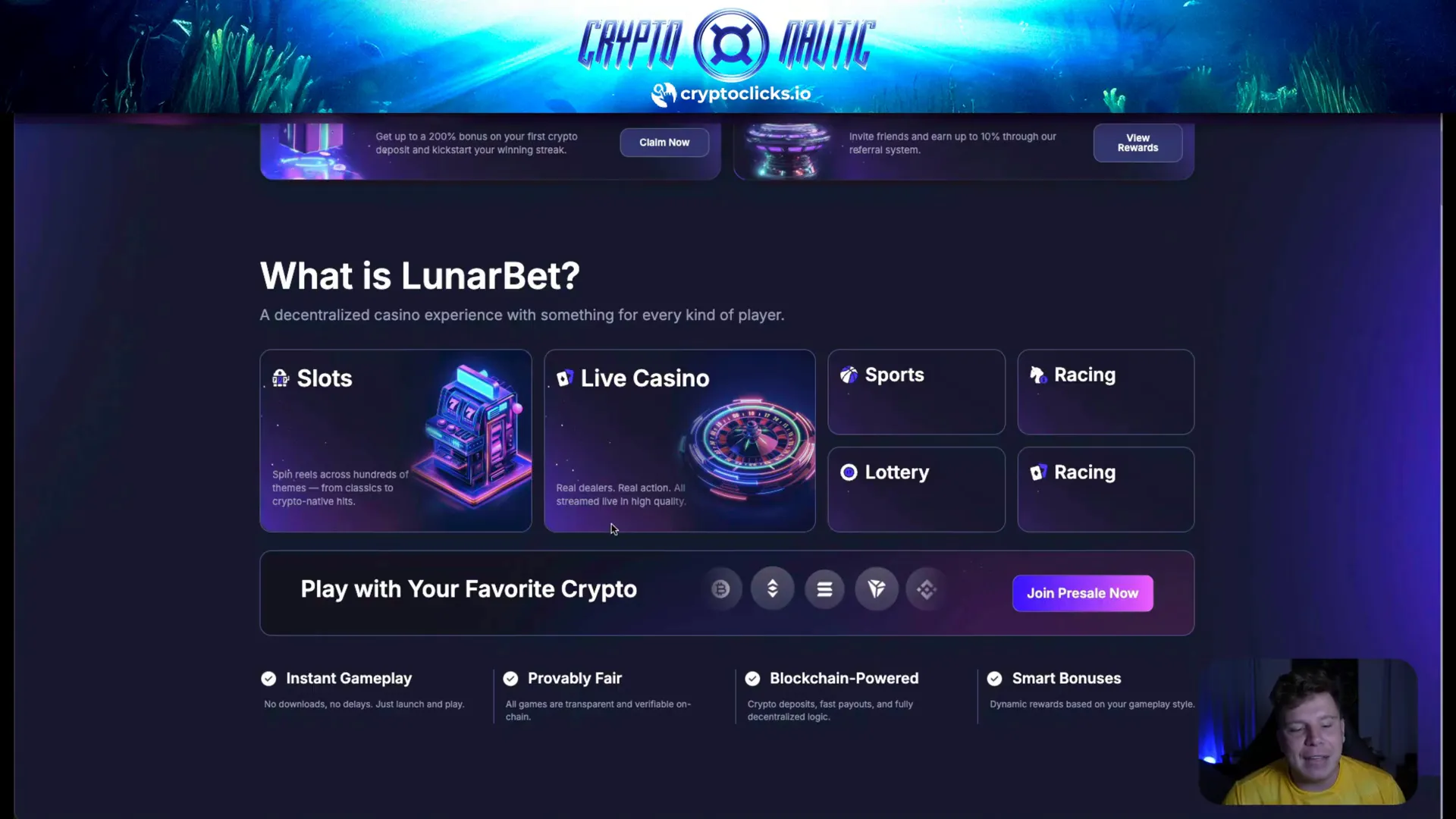 LunarBet platform showing slots, live casino, and sports betting options